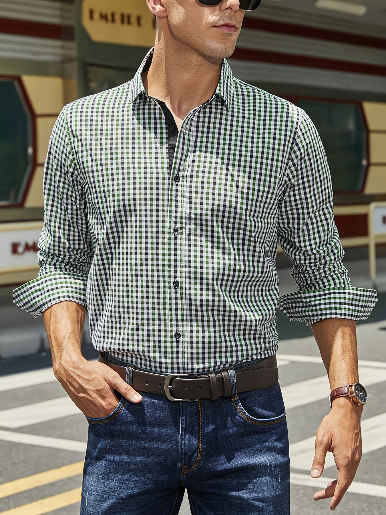 plaid pattern mens cotton casual long sleeve button up shirt mens leisurewear spring fall outdoor details 5