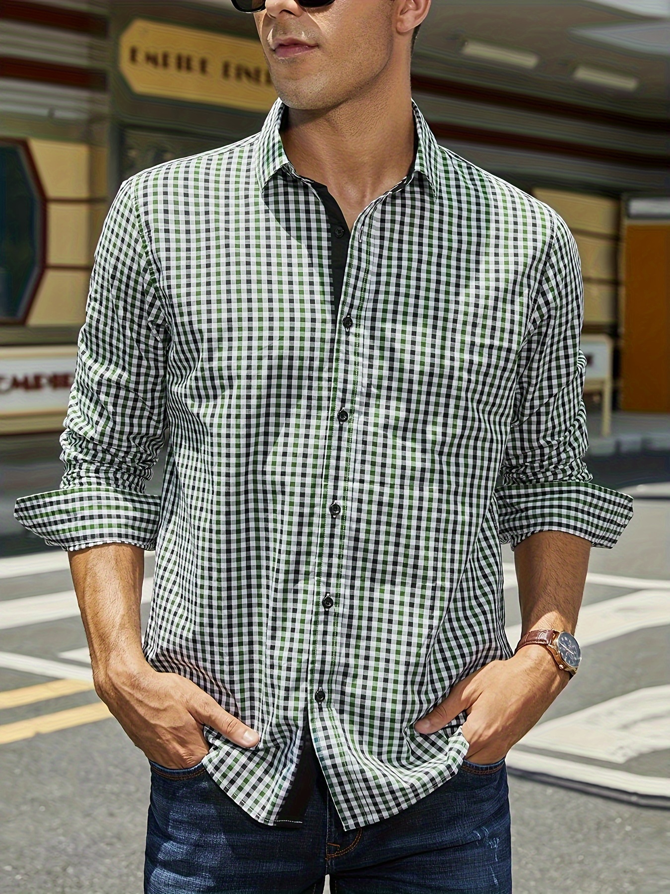 plaid pattern mens cotton casual long sleeve button up shirt mens leisurewear spring fall outdoor details 8