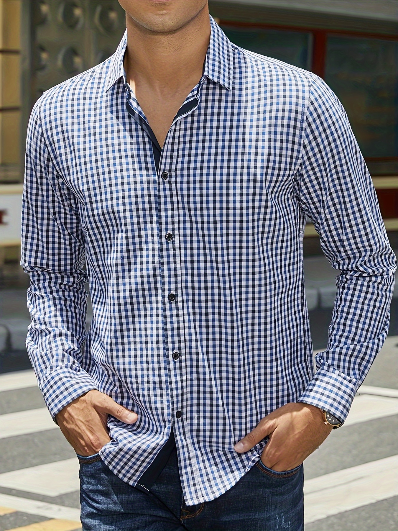 plaid pattern mens cotton casual long sleeve button up shirt mens leisurewear spring fall outdoor details 18