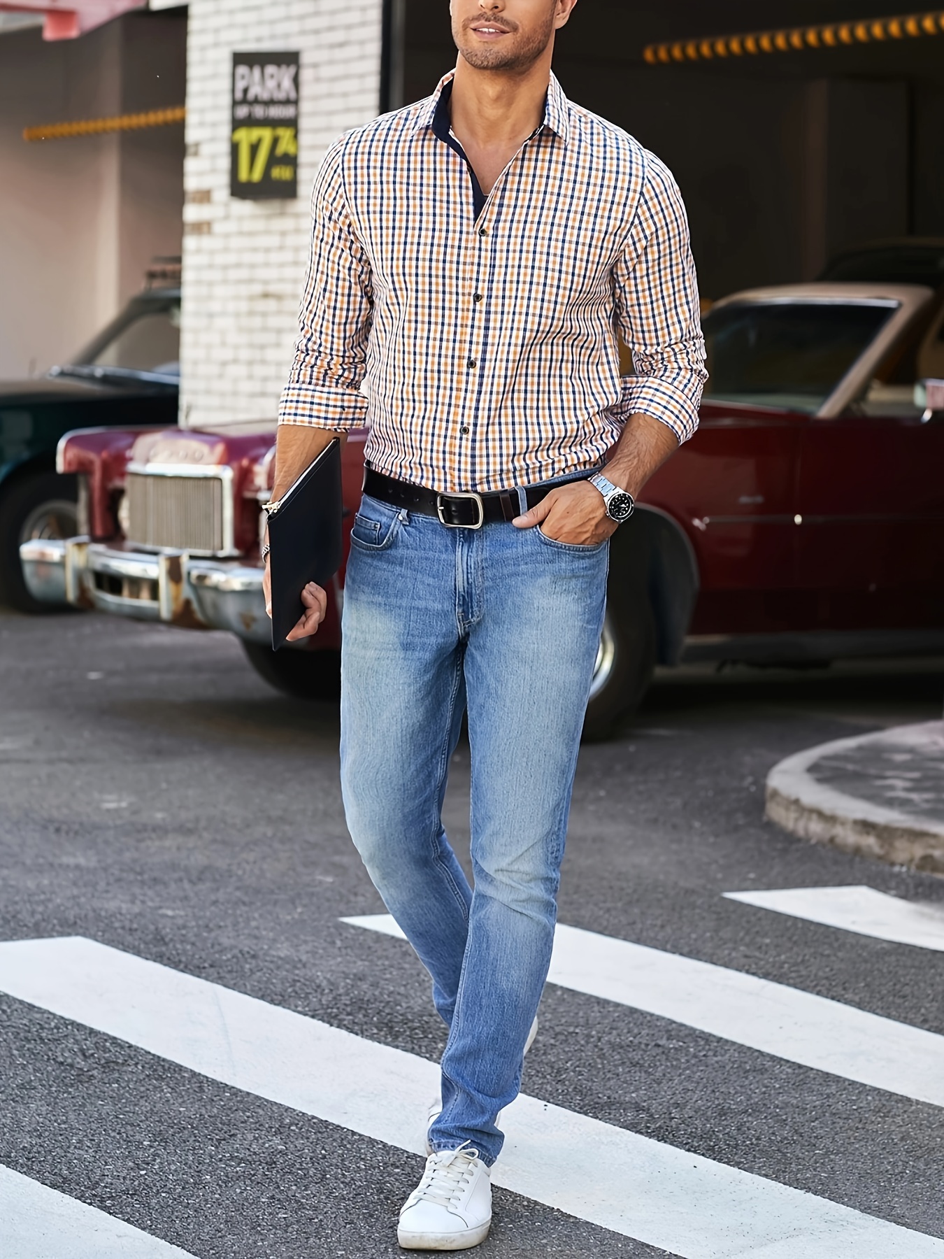 plaid pattern mens cotton casual long sleeve button up shirt mens leisurewear spring fall outdoor details 25
