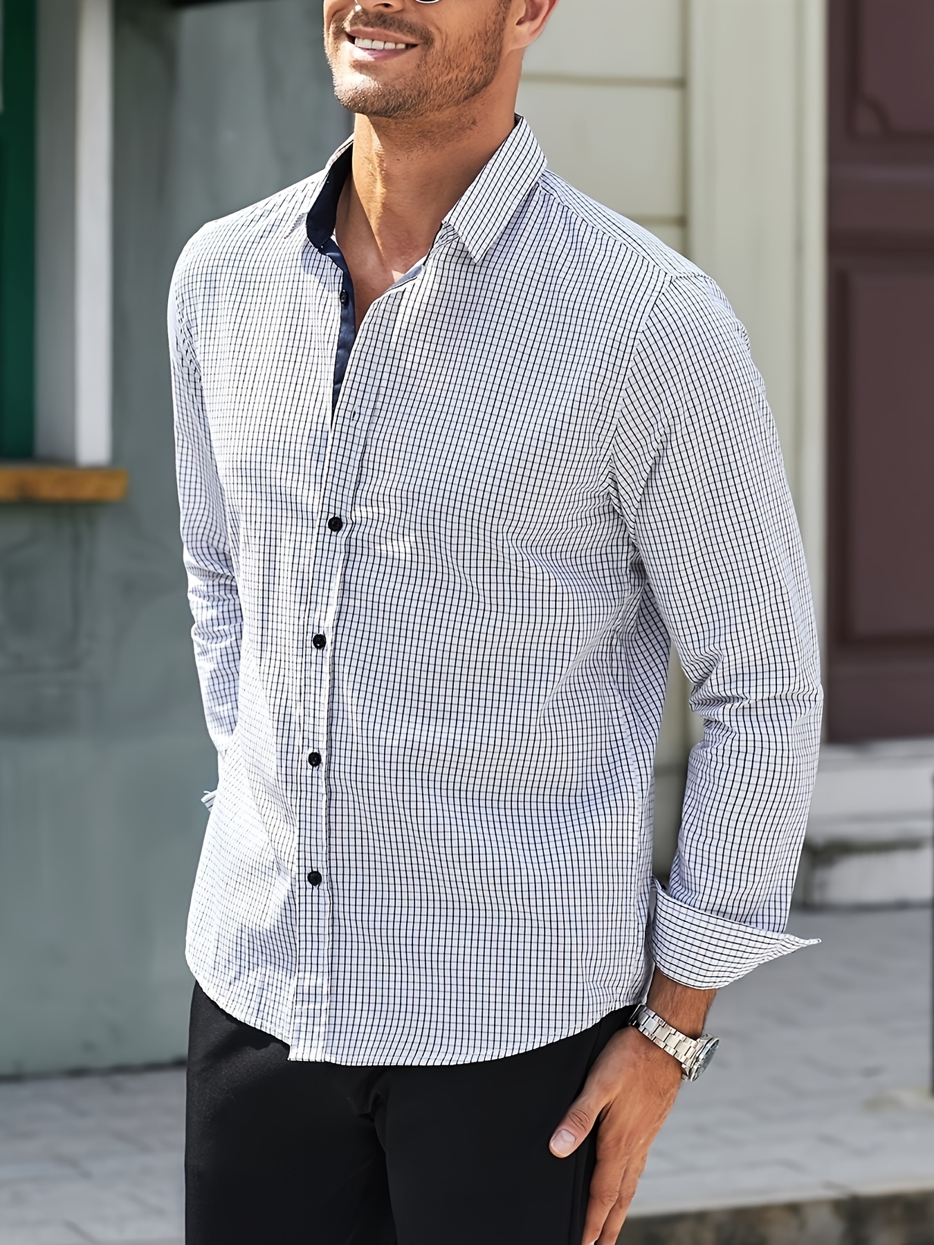 plaid pattern mens cotton casual long sleeve button up shirt mens leisurewear spring fall outdoor details 35