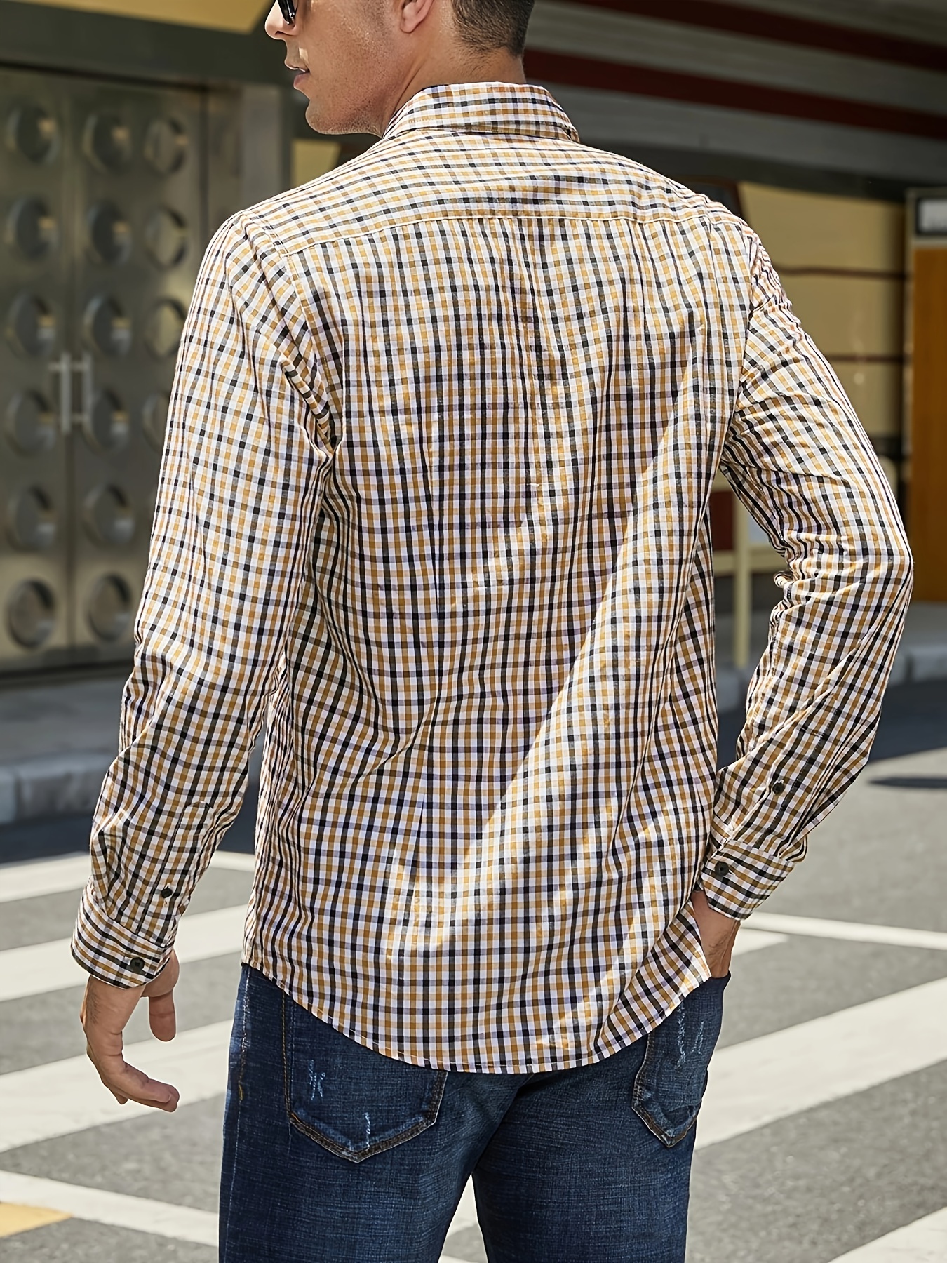 plaid pattern mens cotton casual long sleeve button up shirt mens leisurewear spring fall outdoor details 44