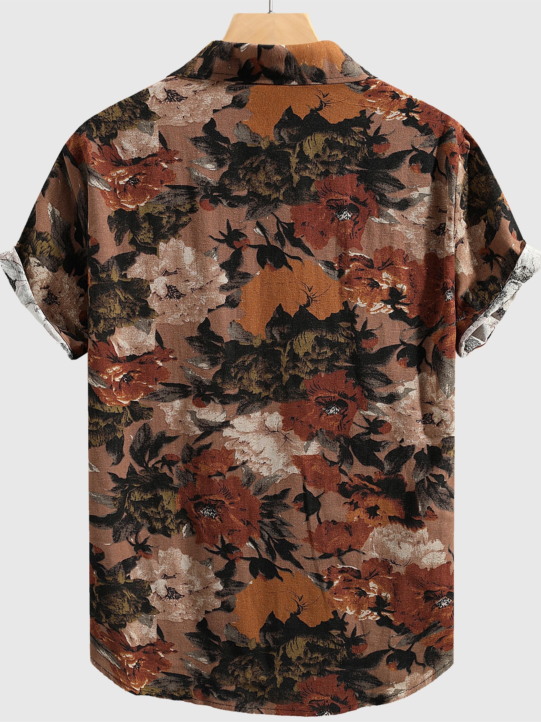 mens stylish loose cotton blend floral print shirt casual breathable lapel button up short sleeve shirt for summer outdoor activities details 1