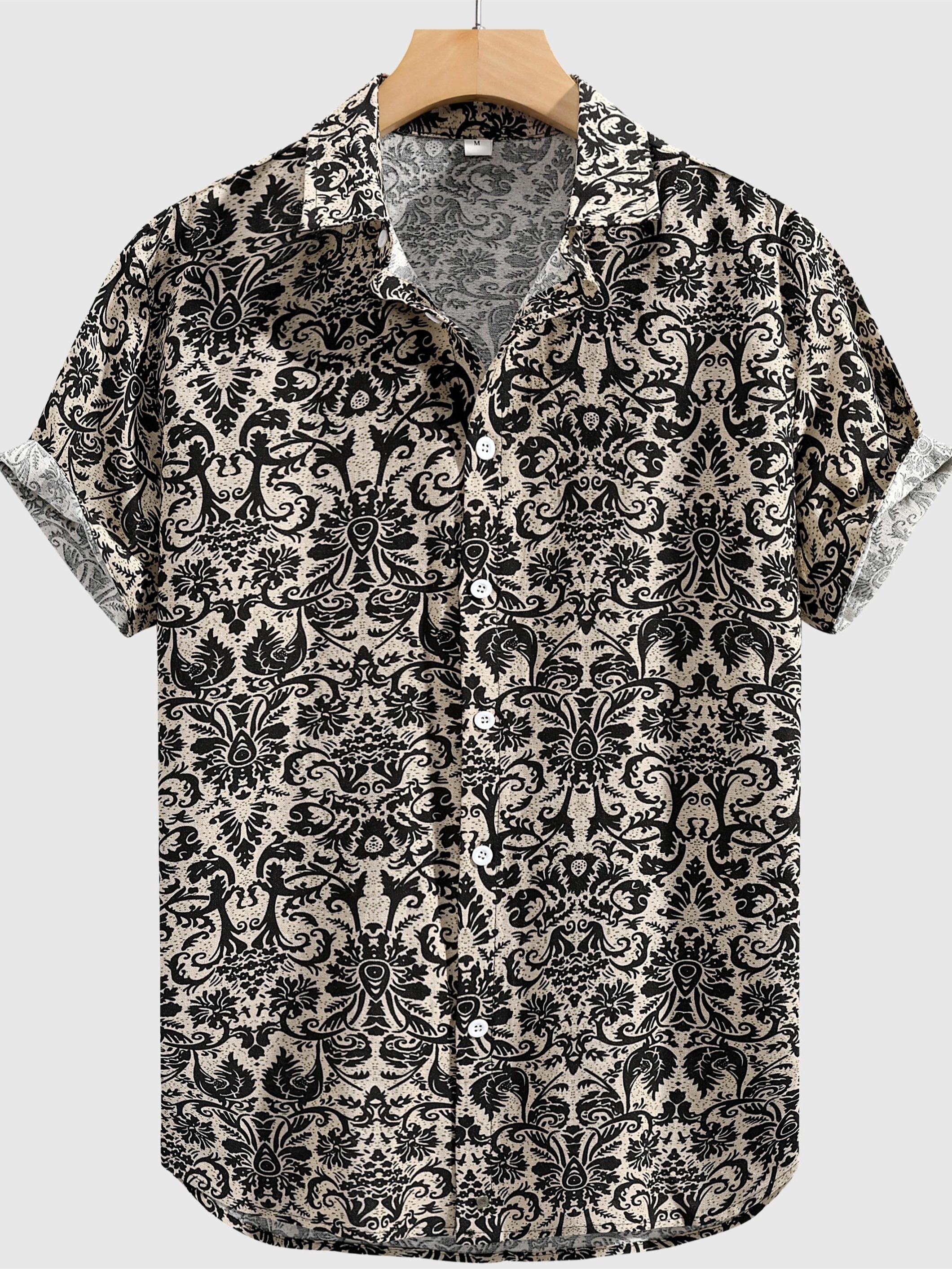 mens stylish loose cotton blend floral print shirt casual breathable lapel button up short sleeve shirt for summer outdoor activities details 6