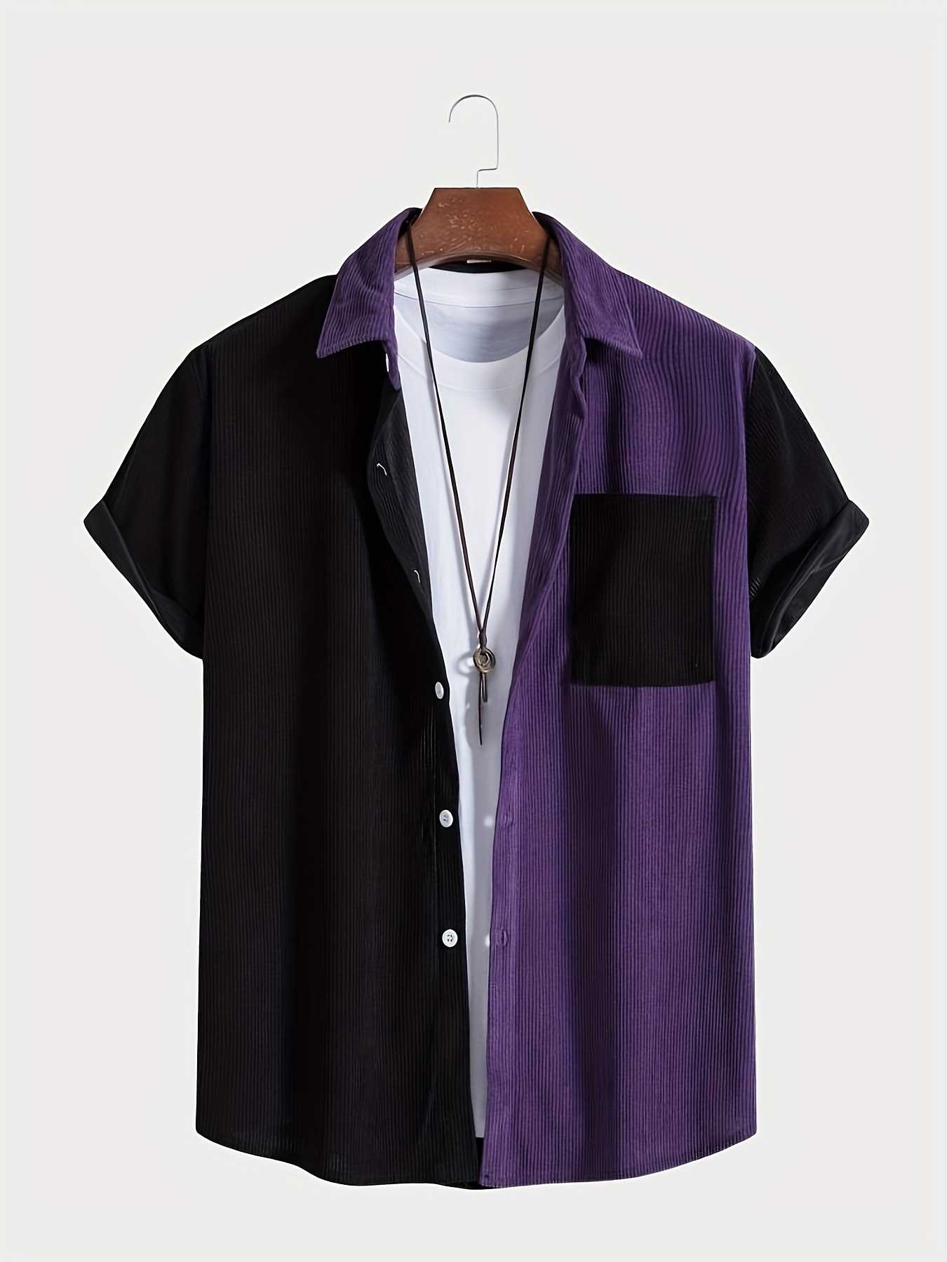 casual color block mens short sleeve button down shirt with chest pocket summer mens leisurewear details 0