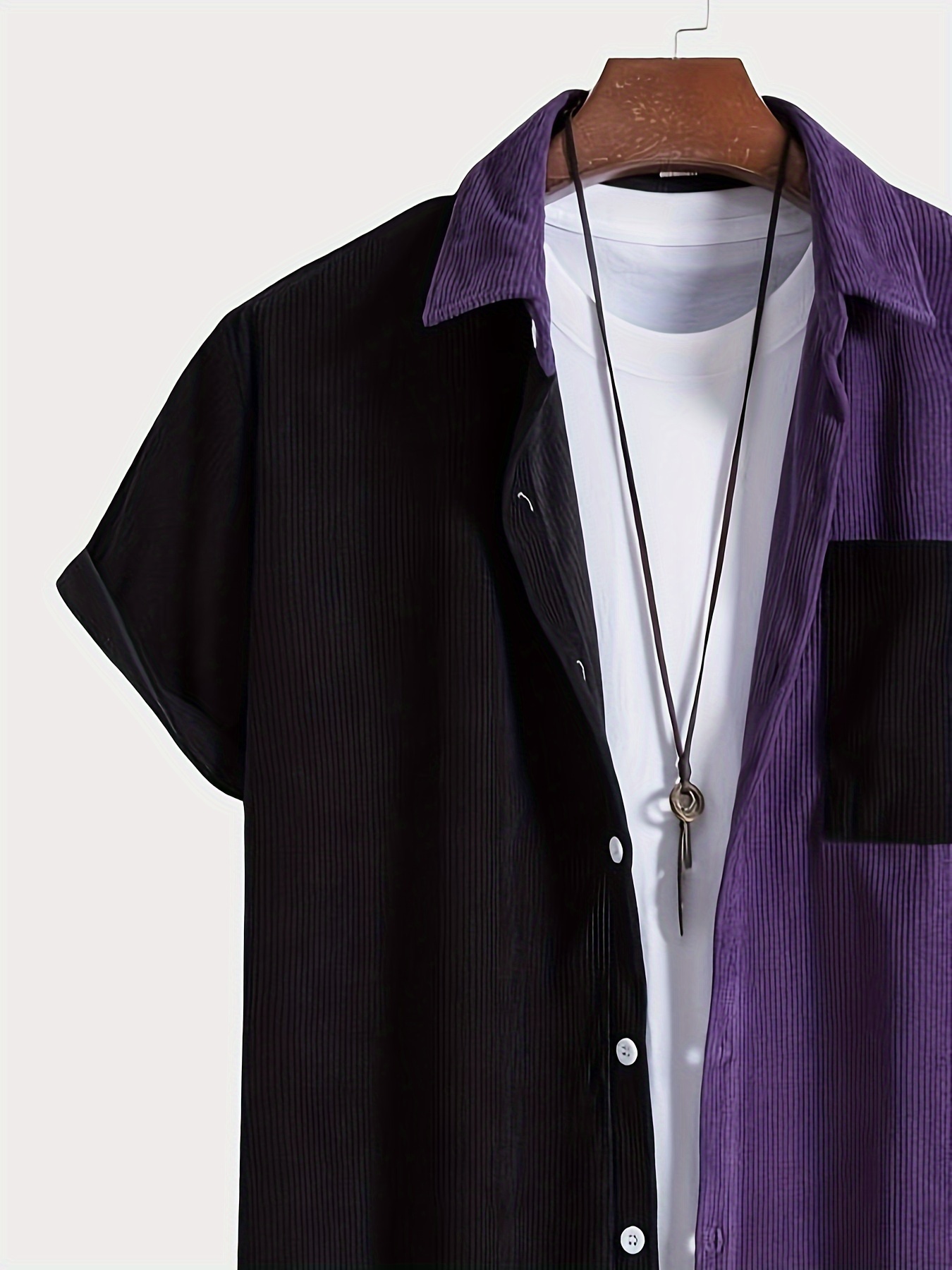 casual color block mens short sleeve button down shirt with chest pocket summer mens leisurewear details 2