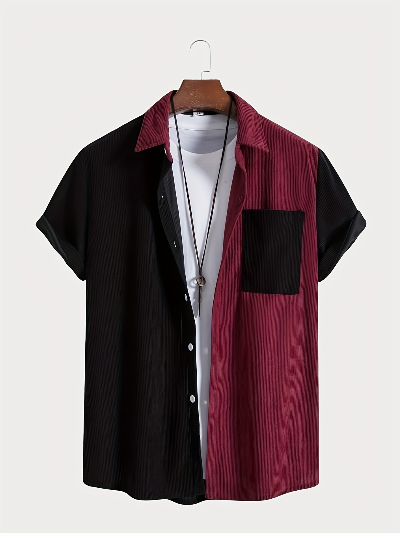 casual color block mens short sleeve button down shirt with chest pocket summer mens leisurewear details 5