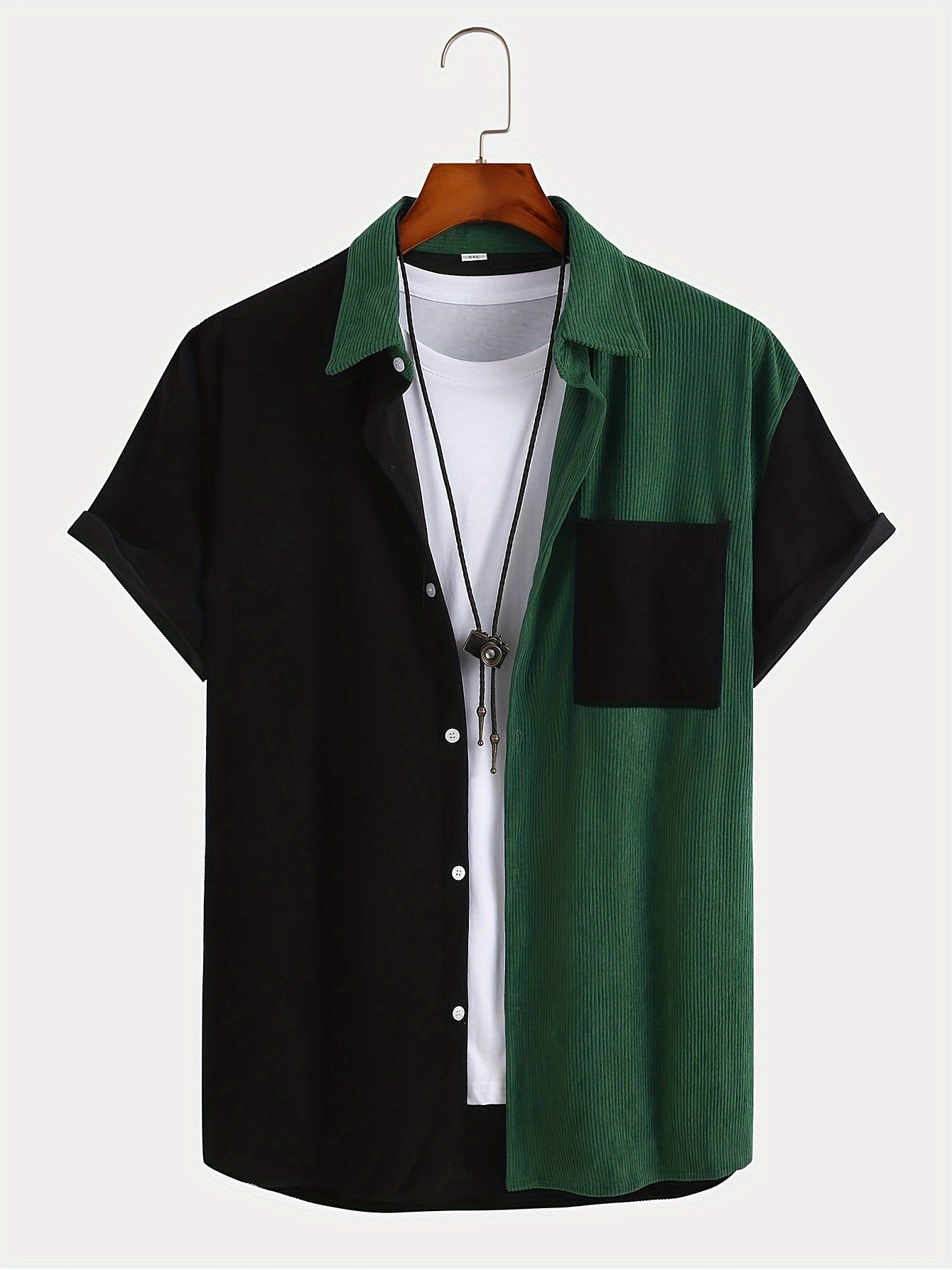 casual color block mens short sleeve button down shirt with chest pocket summer mens leisurewear details 10