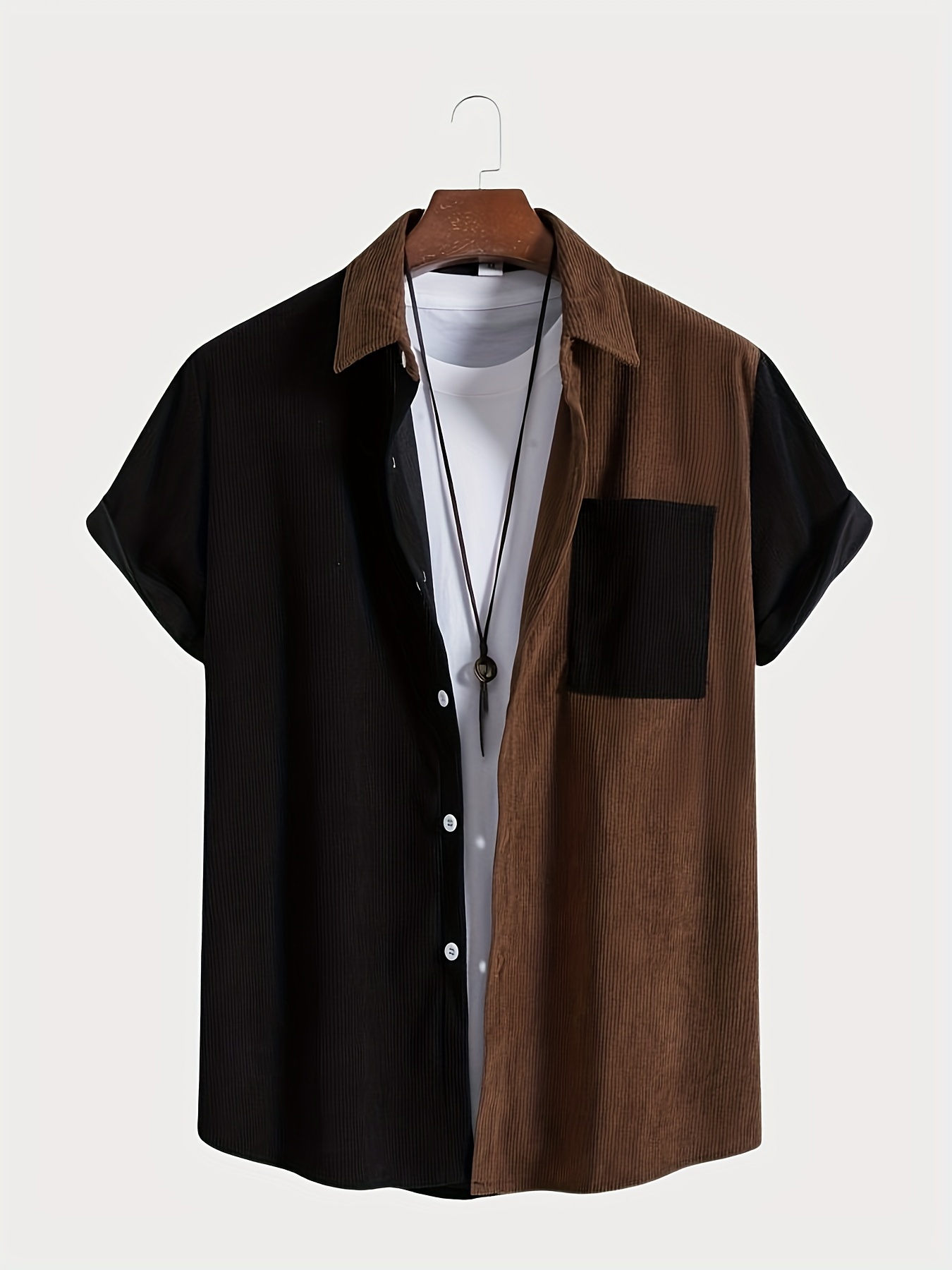 casual color block mens short sleeve button down shirt with chest pocket summer mens leisurewear details 15
