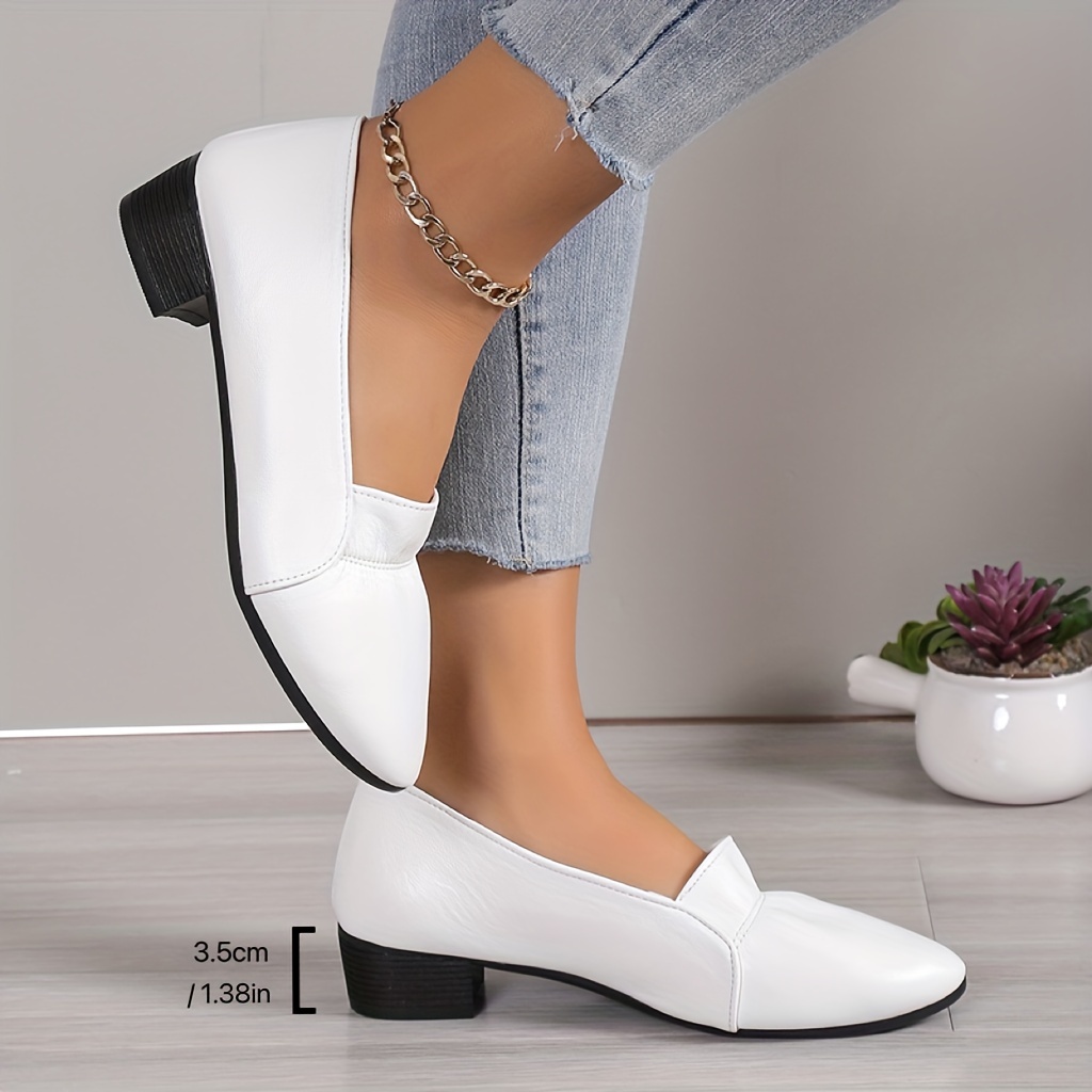 womens solid color court pumps all match slip on chunky low heels casual office work shoes details 4