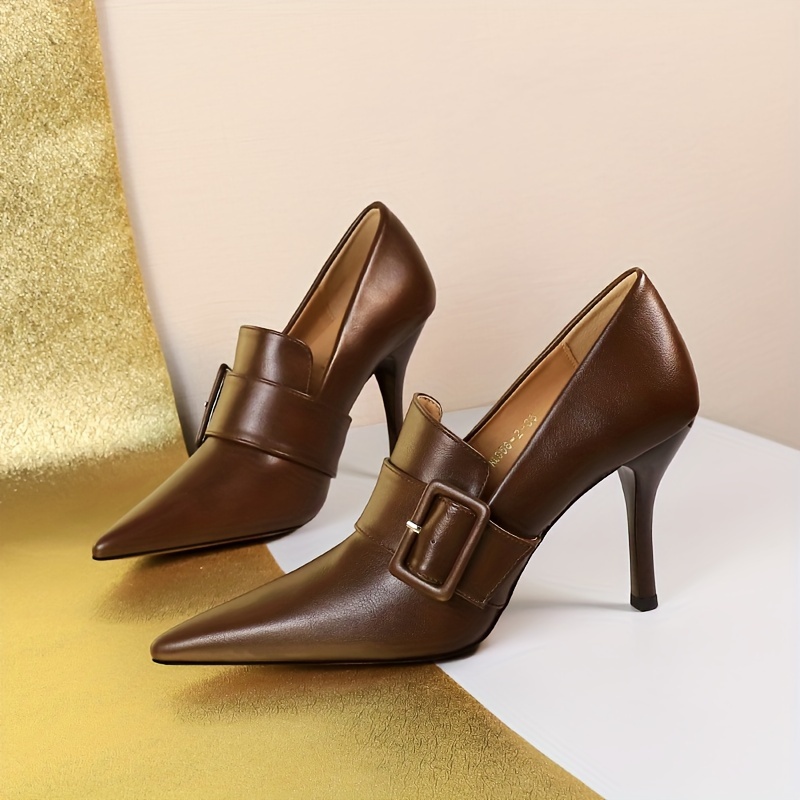 womens solid color trendy shoes shallow mouth slip on high heel dress shoes buckle belt point toe party show shoes details 3