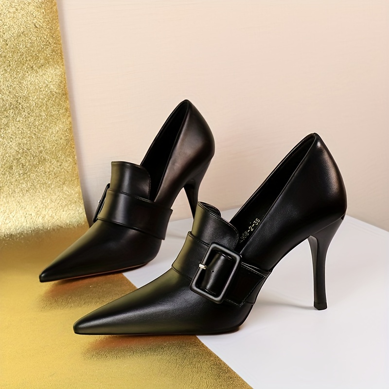 womens solid color trendy shoes shallow mouth slip on high heel dress shoes buckle belt point toe party show shoes details 5