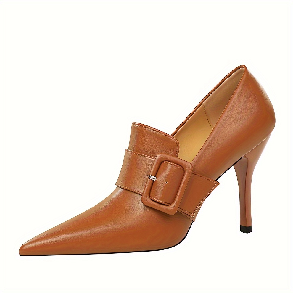 womens solid color trendy shoes shallow mouth slip on high heel dress shoes buckle belt point toe party show shoes details 6