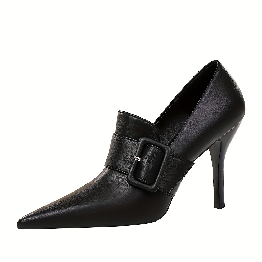 womens solid color trendy shoes shallow mouth slip on high heel dress shoes buckle belt point toe party show shoes details 7