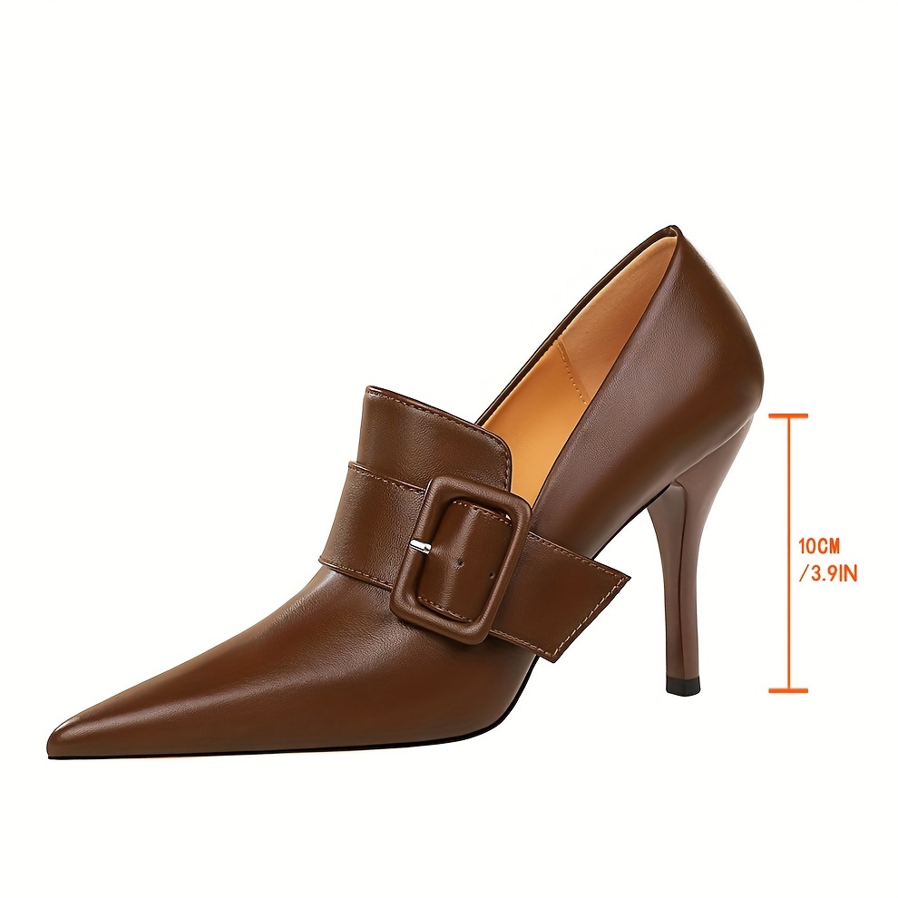 womens solid color trendy shoes shallow mouth slip on high heel dress shoes buckle belt point toe party show shoes details 8