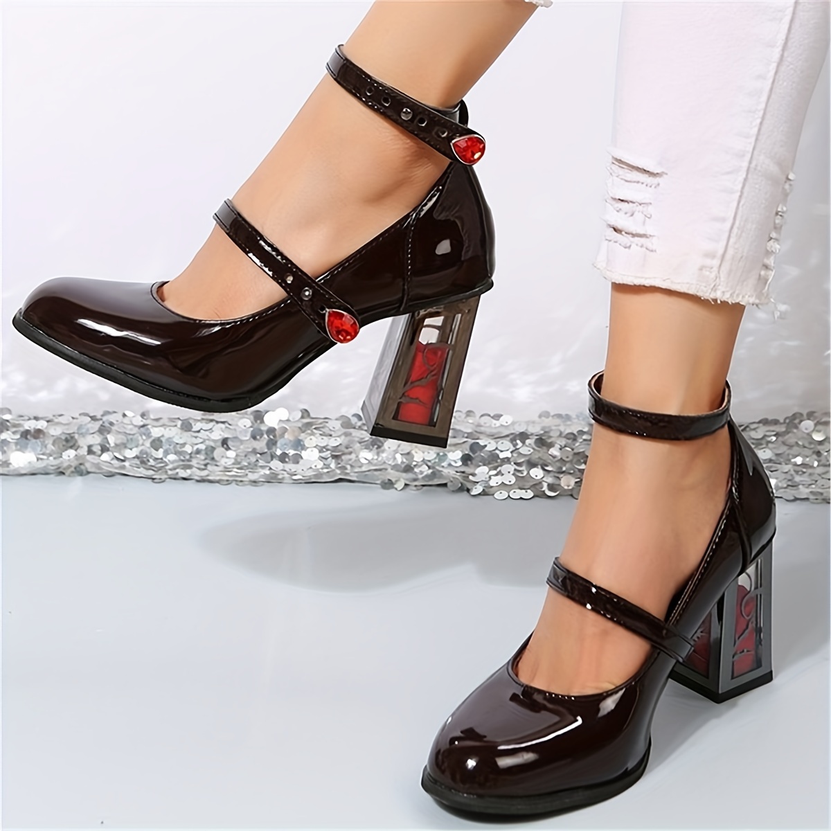 womens solid color trendy shoes slip on casual chunky heel double straps shoes square toe daily shoes details 0