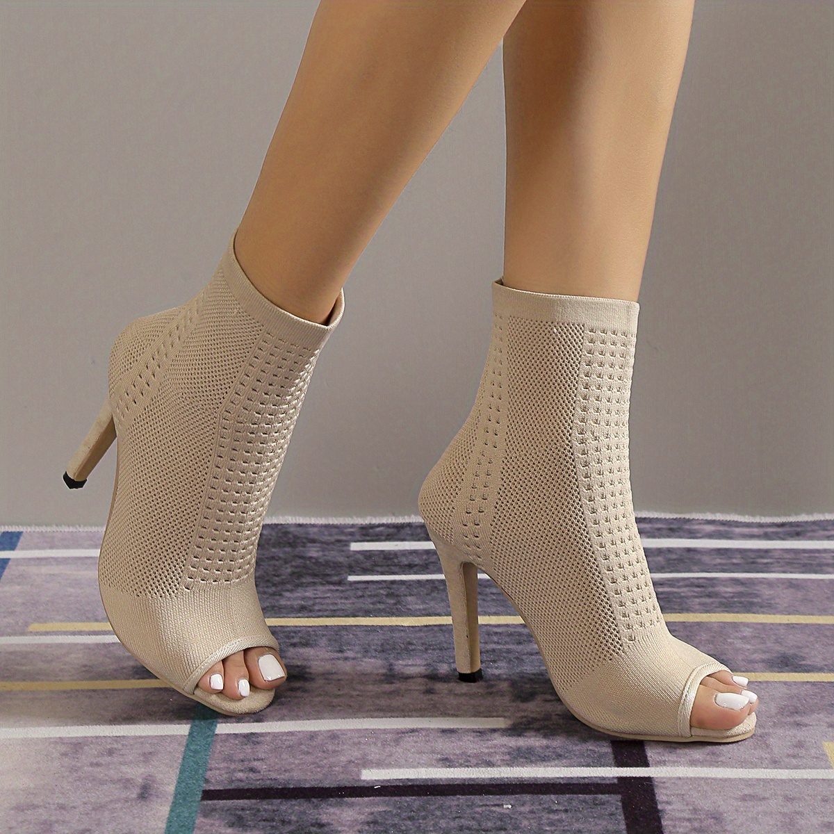 womens peep toe sock boots solid color slip on stretch knit stiletto heels stylish high heeled ankle boots details 4