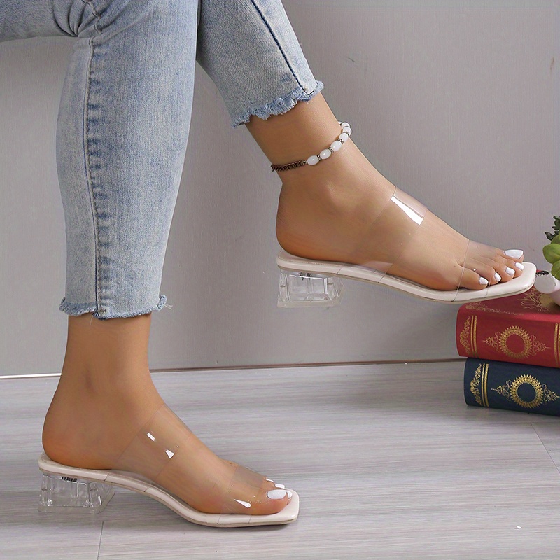 womens chunky low heels stylish double transparent strap pumps comfortable square toe pumps details 5