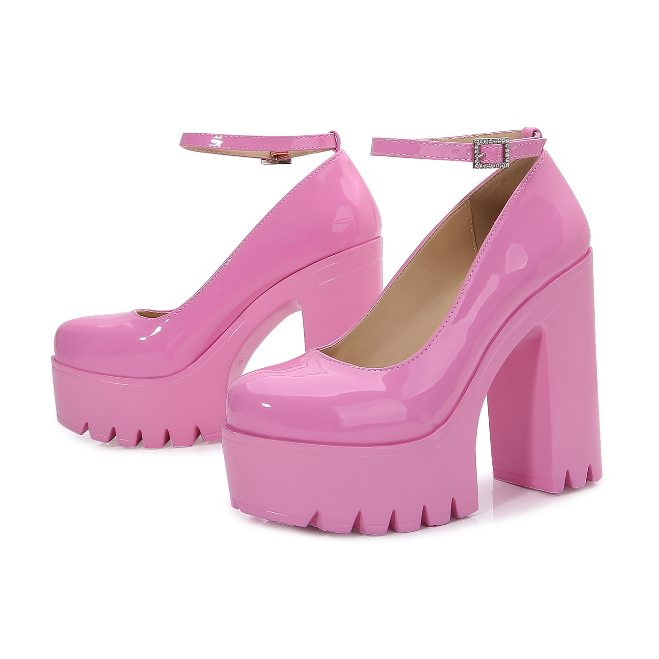 womens pu leather platform chunky heeled pumps solid color ankle strap sandals sexy party dress shoes details 7