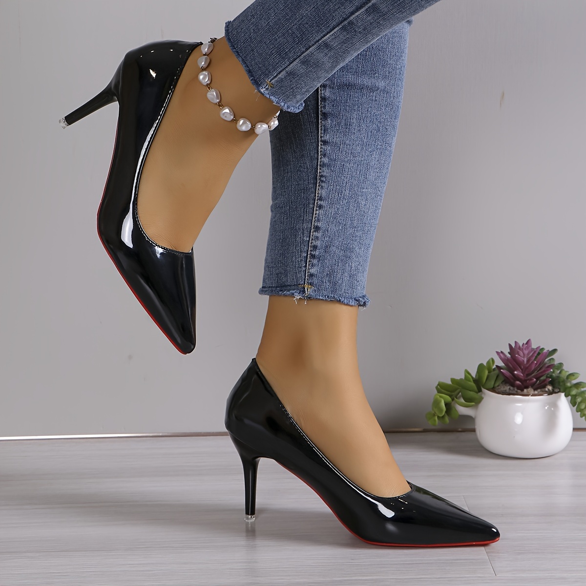 solid color shoes, womens solid color shoes shallow mouth casual slip on high heels point toe versatile party shoes details 1
