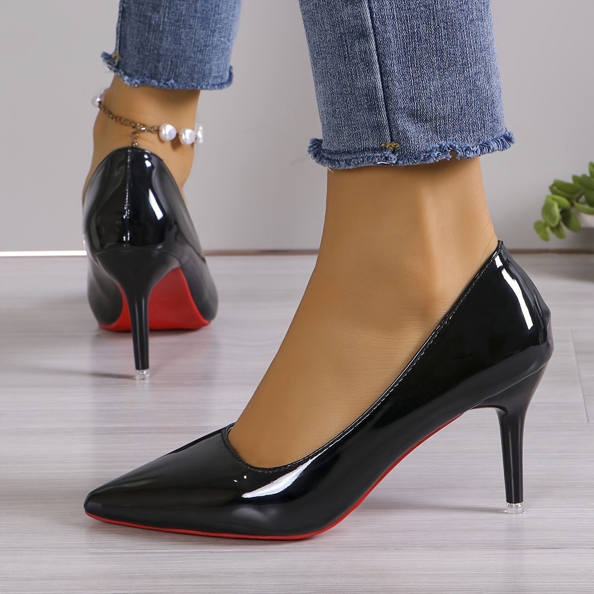solid color shoes, womens solid color shoes shallow mouth casual slip on high heels point toe versatile party shoes details 2