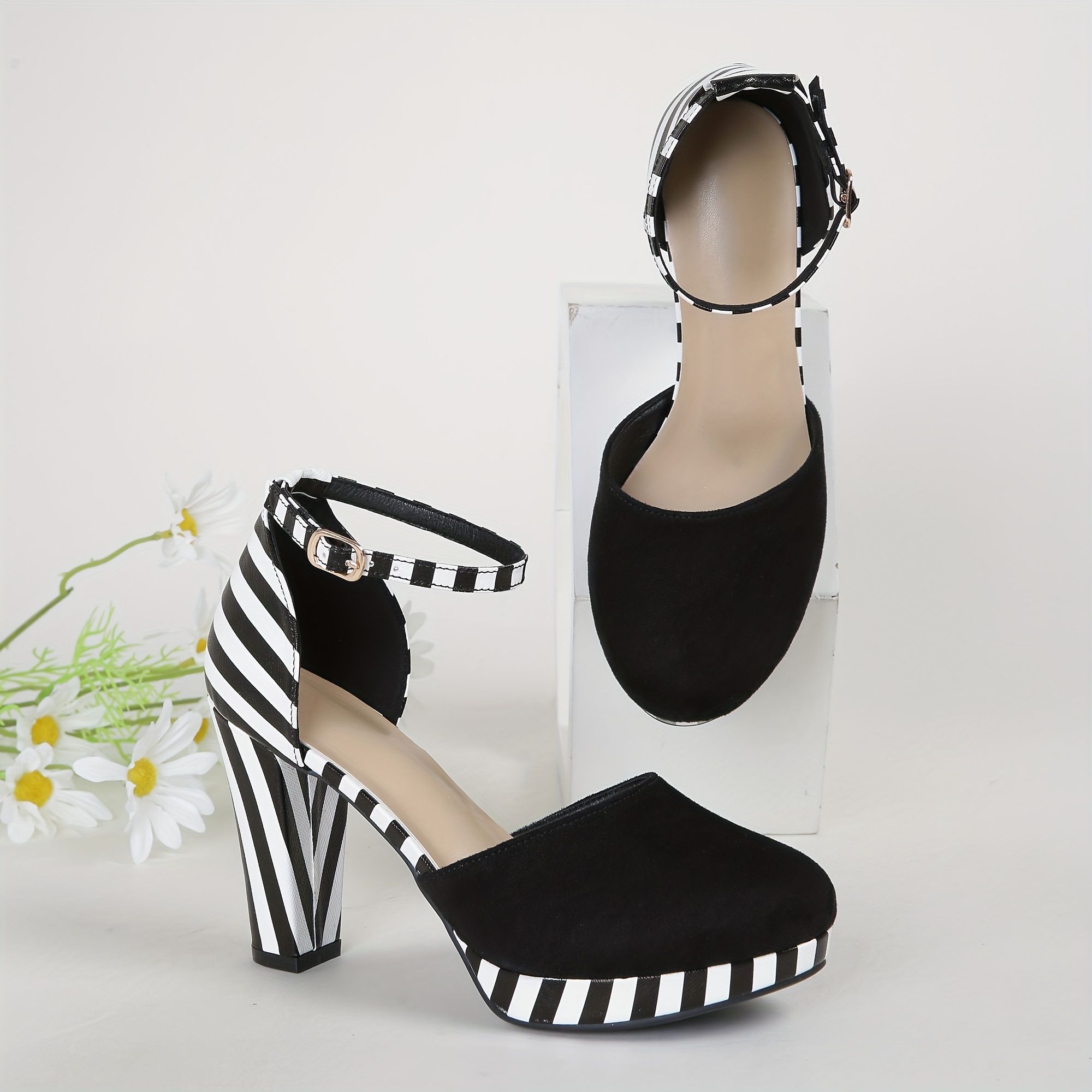 womens striped dorsay high heels fashion ankle strap platform sandals all match party dress shoes details 6