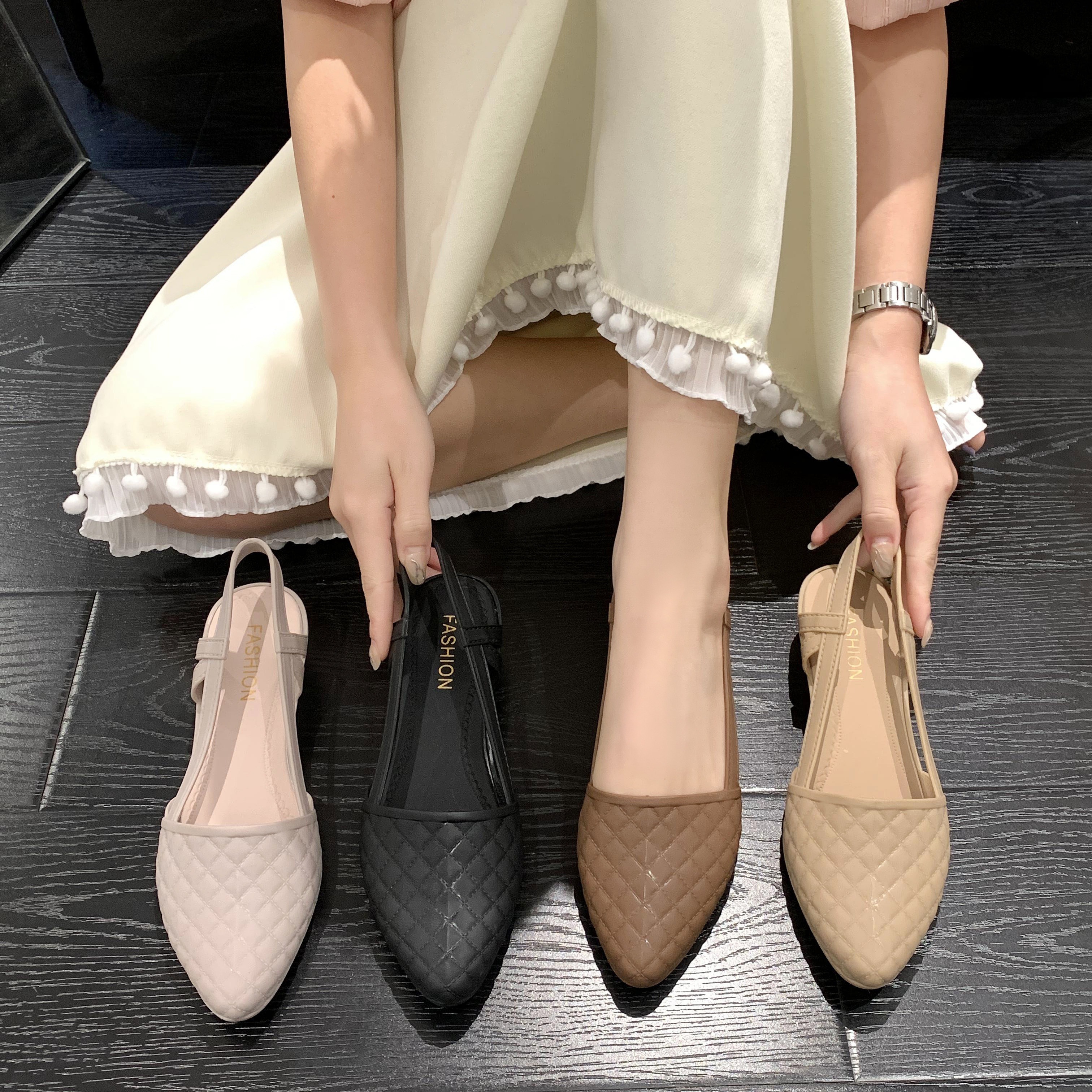 womens plaid pattern chunky heels casual solid color point toe shoes comfortable ankle strap jelly shoes details 0