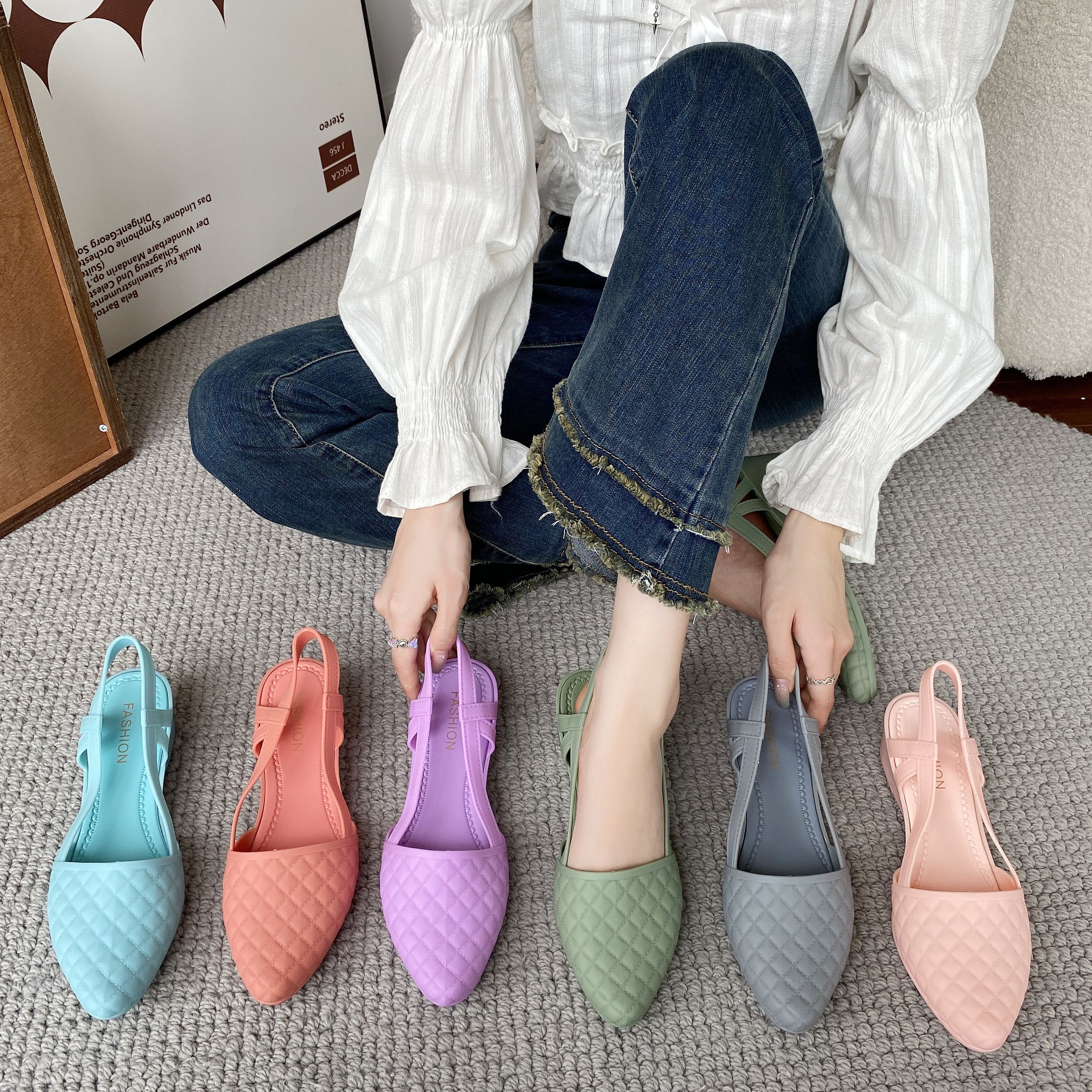 womens plaid pattern chunky heels casual solid color point toe shoes comfortable ankle strap jelly shoes details 1
