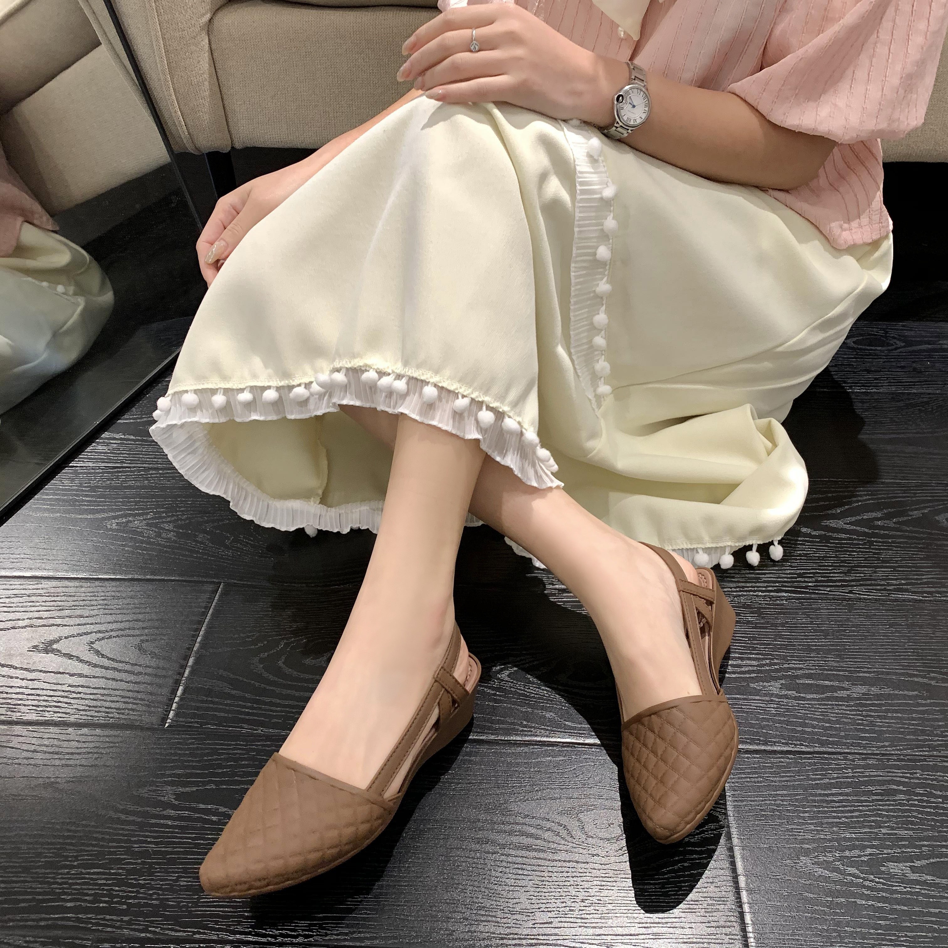 womens plaid pattern chunky heels casual solid color point toe shoes comfortable ankle strap jelly shoes details 2