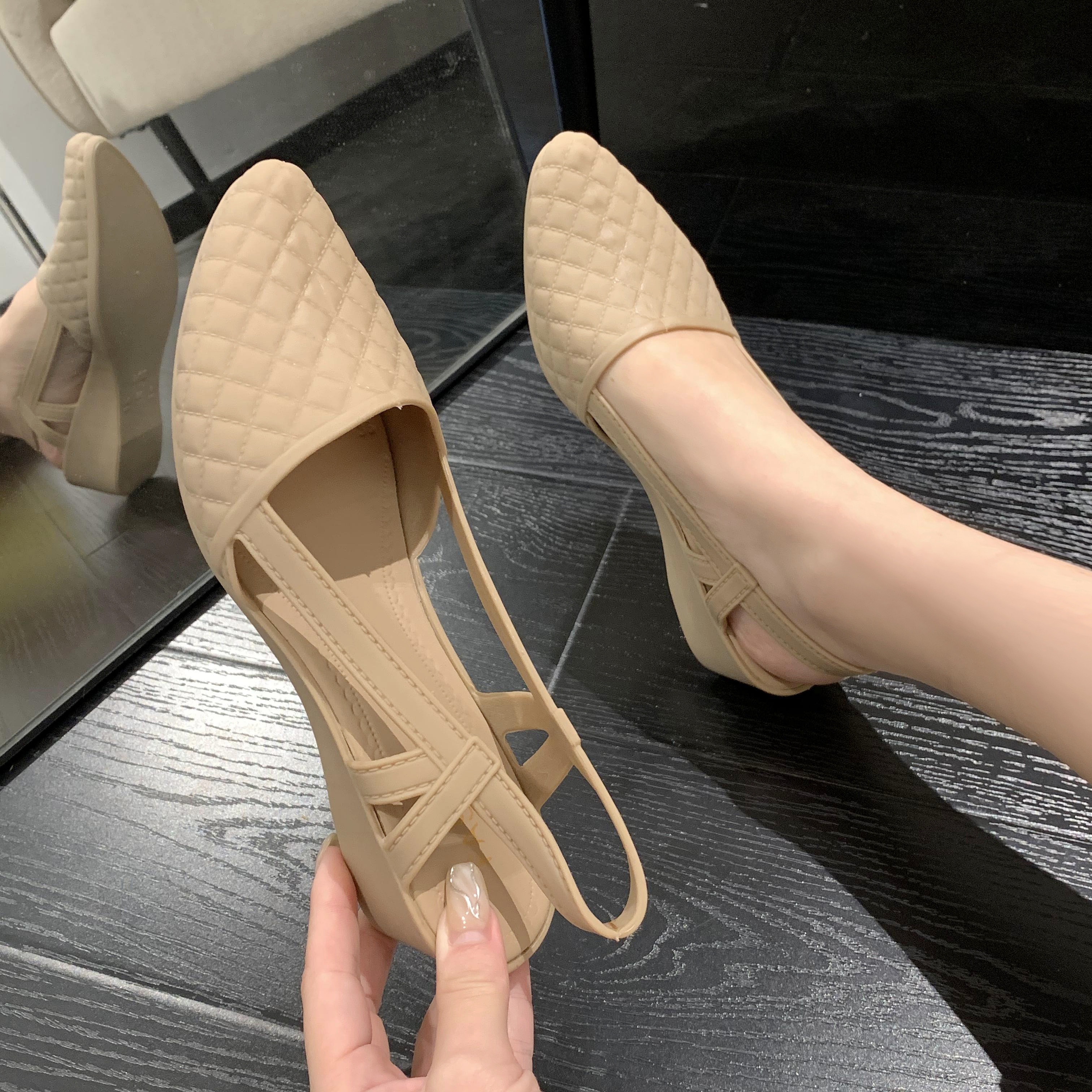 womens plaid pattern chunky heels casual solid color point toe shoes comfortable ankle strap jelly shoes details 8