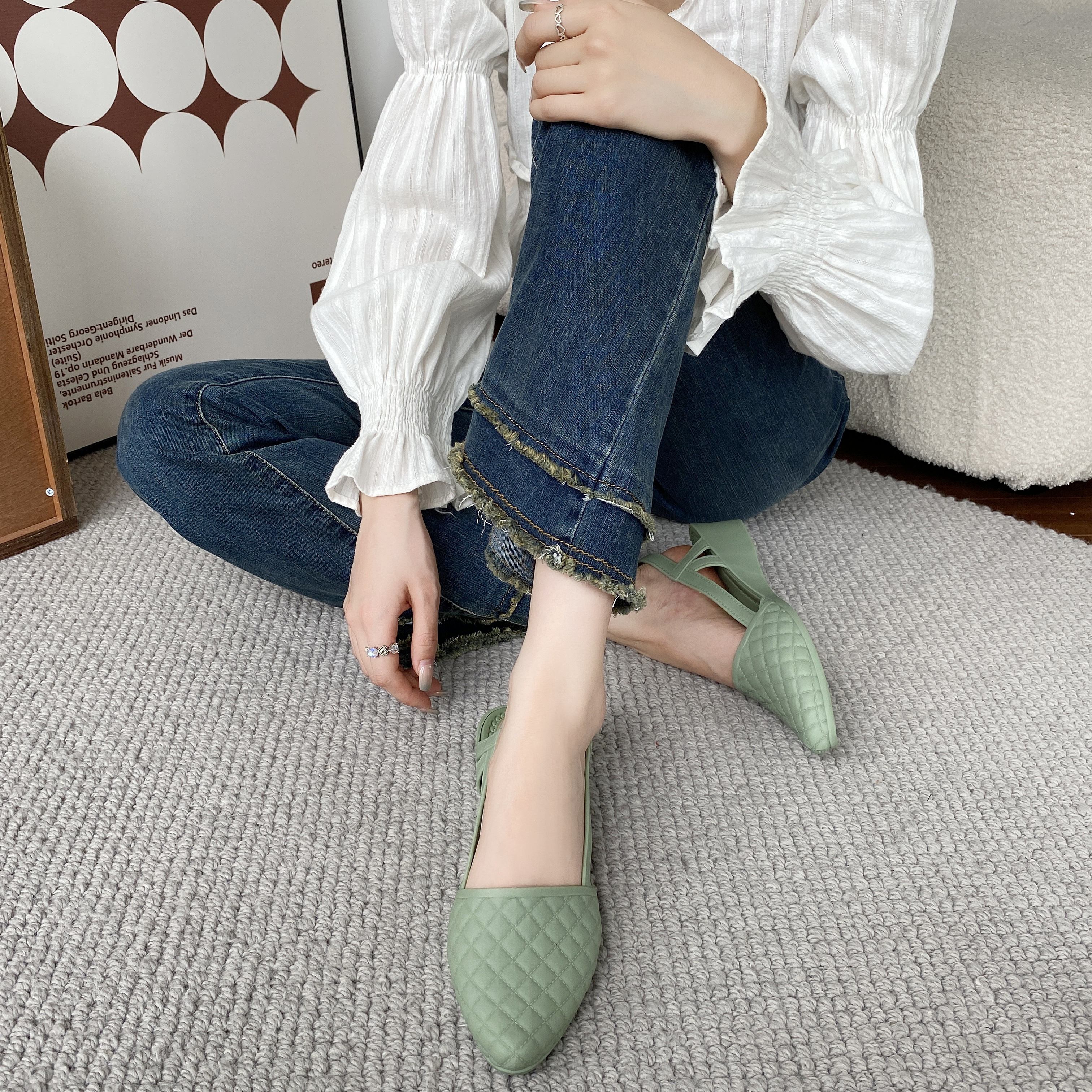 womens plaid pattern chunky heels casual solid color point toe shoes comfortable ankle strap jelly shoes details 12
