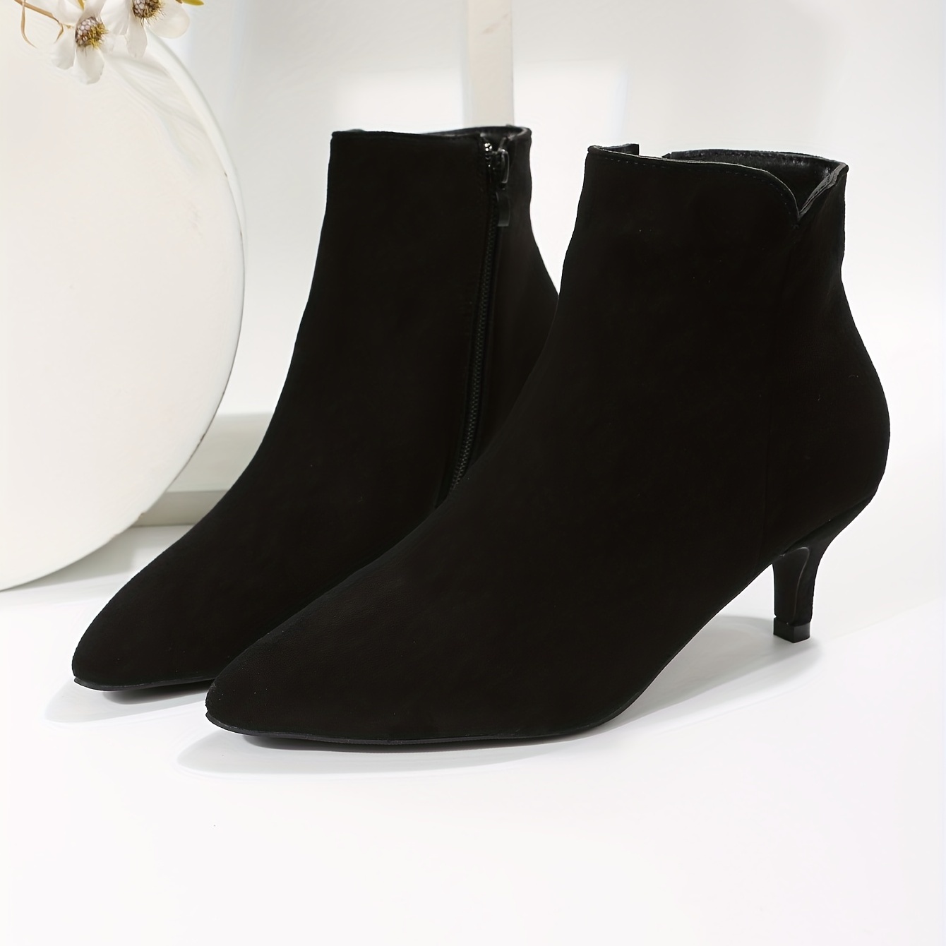 womens solid color kitten heel short boots elegant point toe side zipper boots fashion black ankle boots details 0