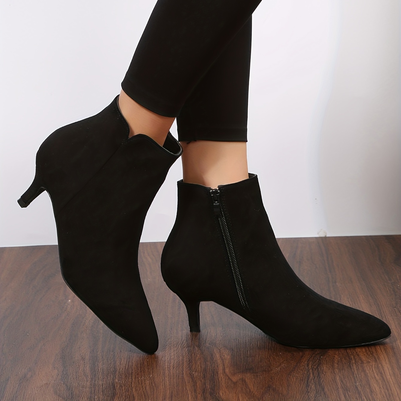 womens solid color kitten heel short boots elegant point toe side zipper boots fashion black ankle boots details 1