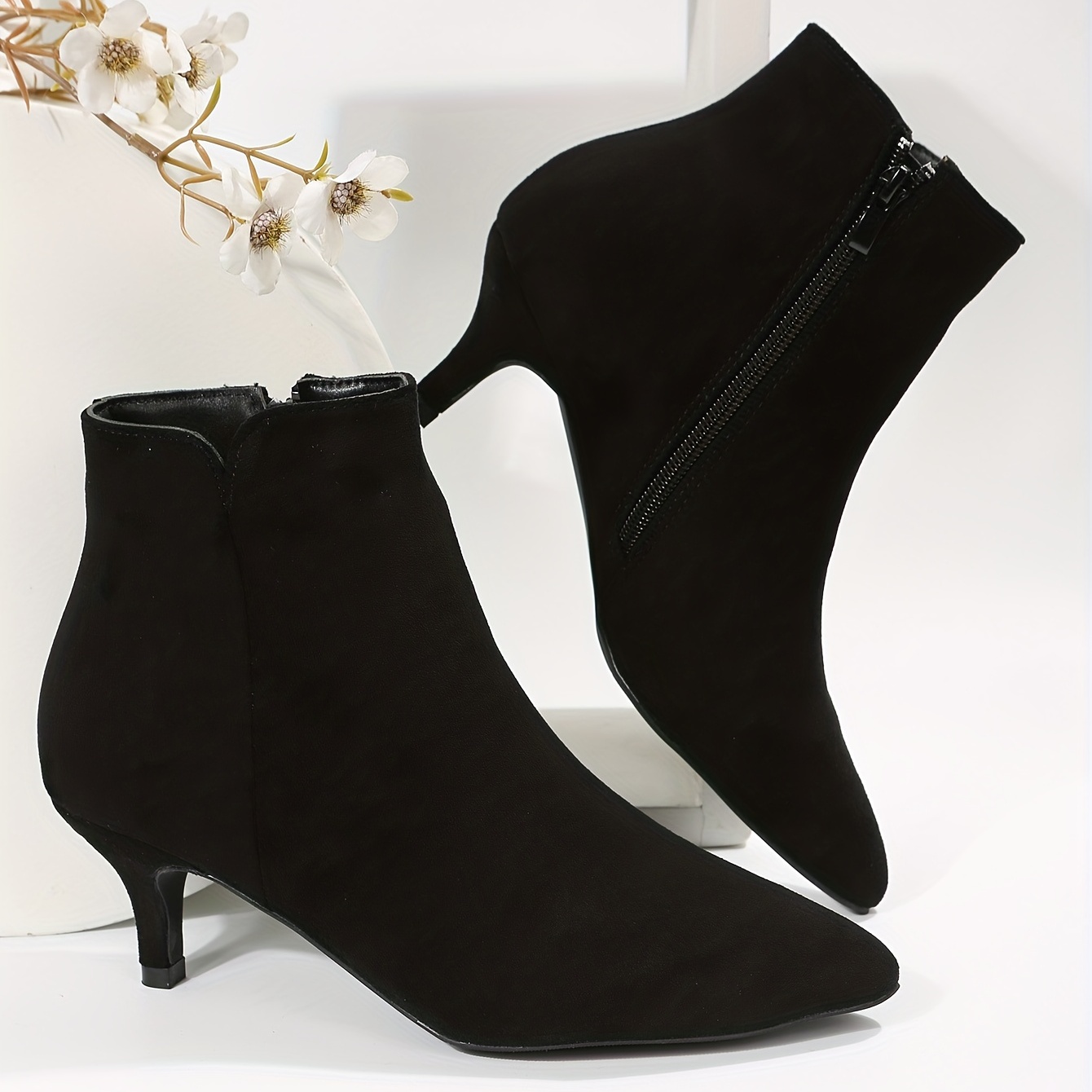 womens solid color kitten heel short boots elegant point toe side zipper boots fashion black ankle boots details 3