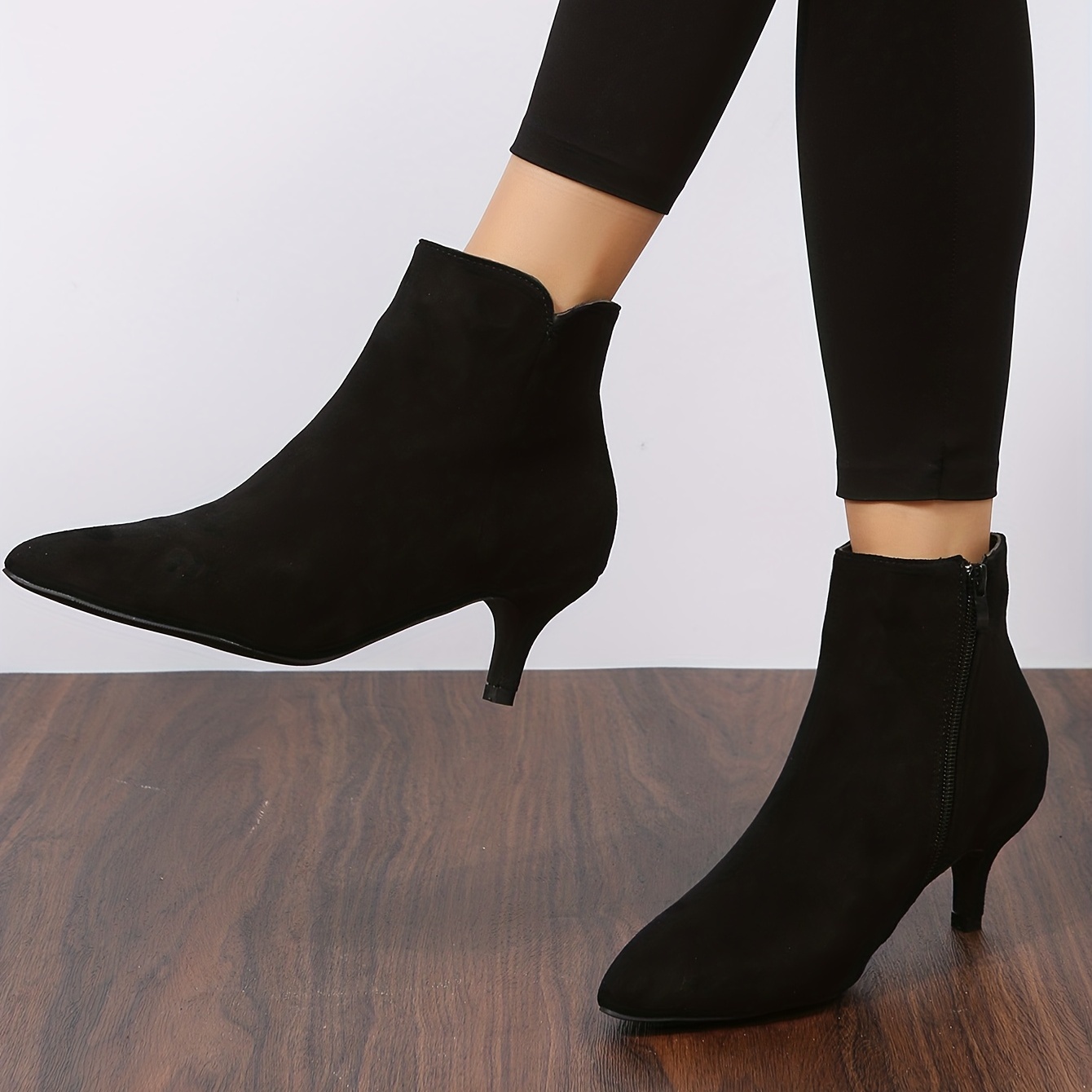 womens solid color kitten heel short boots elegant point toe side zipper boots fashion black ankle boots details 4