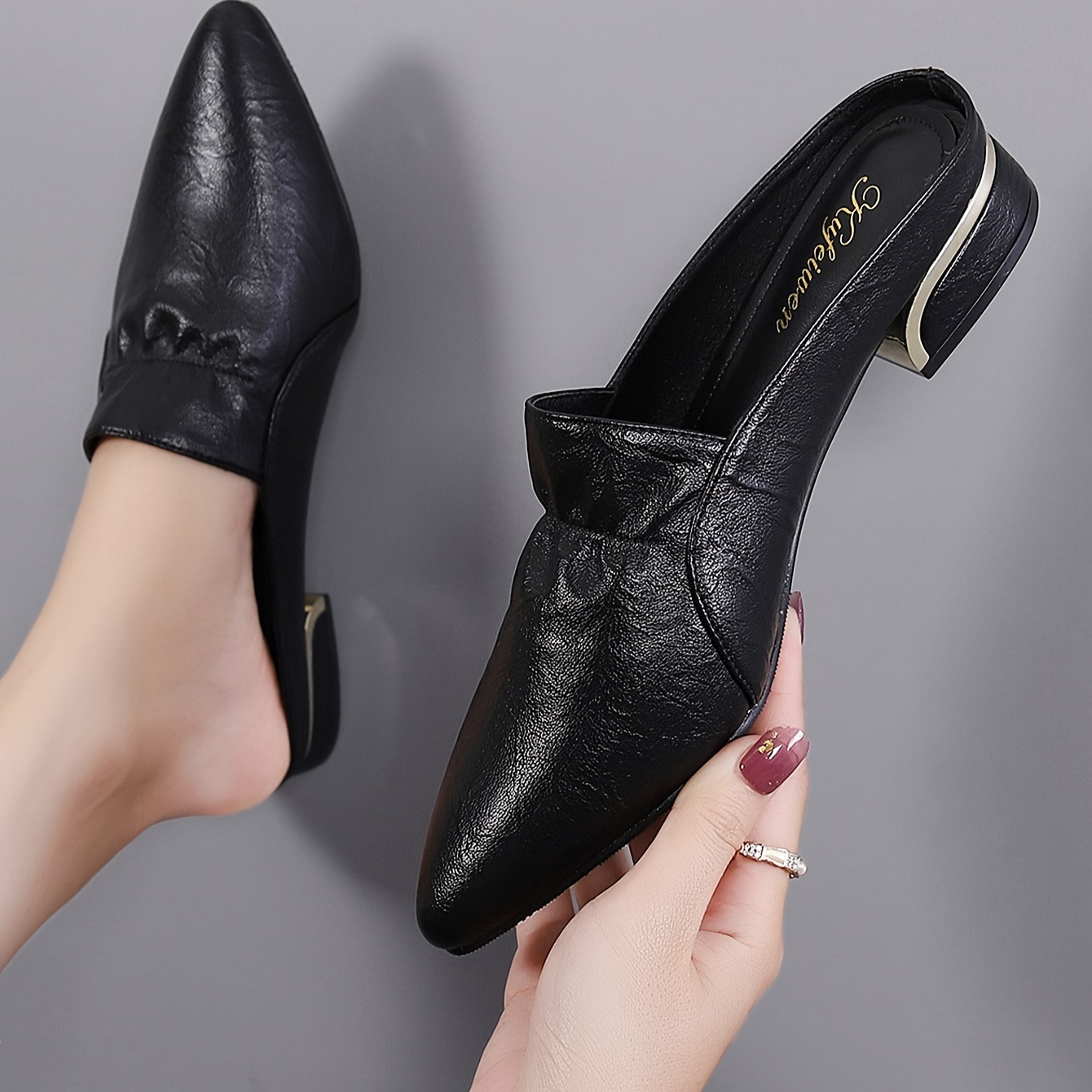 womens solid color chunky low heels fashion point toe dress pumps stylish slip on heels details 1