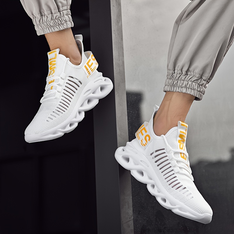 mens trendy woven knit breathable blade type sneakers comfy non slip soft sole lace up shoes for mens outdoor activities details 3