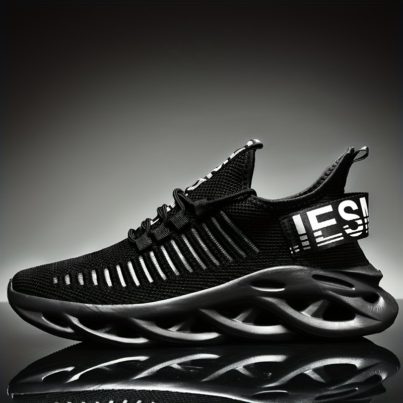 mens trendy woven knit breathable blade type sneakers comfy non slip soft sole lace up shoes for mens outdoor activities details 5