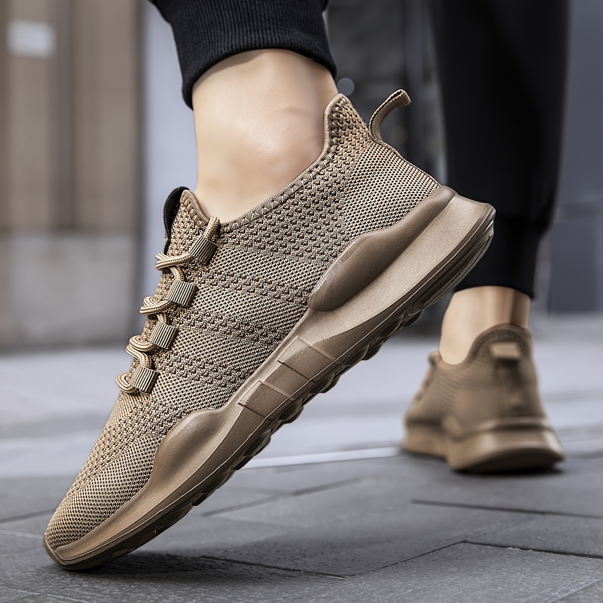 mens trendy lace up knit fabric breathable running shoes comfy soft sole shock absorption sneakers details 0