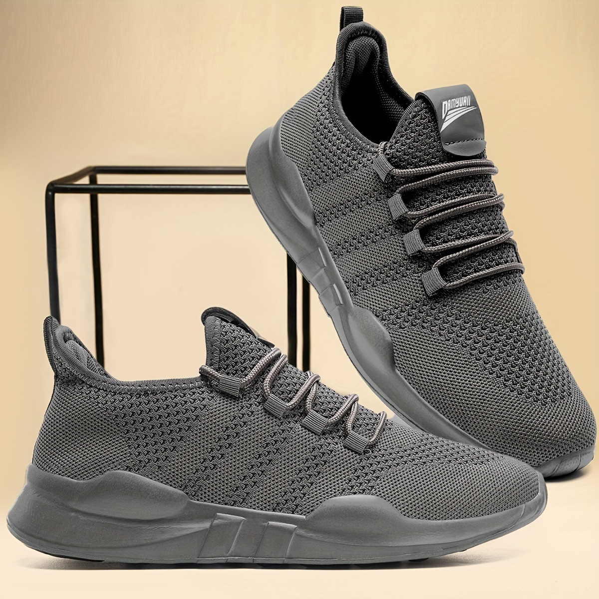 mens trendy lace up knit fabric breathable running shoes comfy soft sole shock absorption sneakers details 1