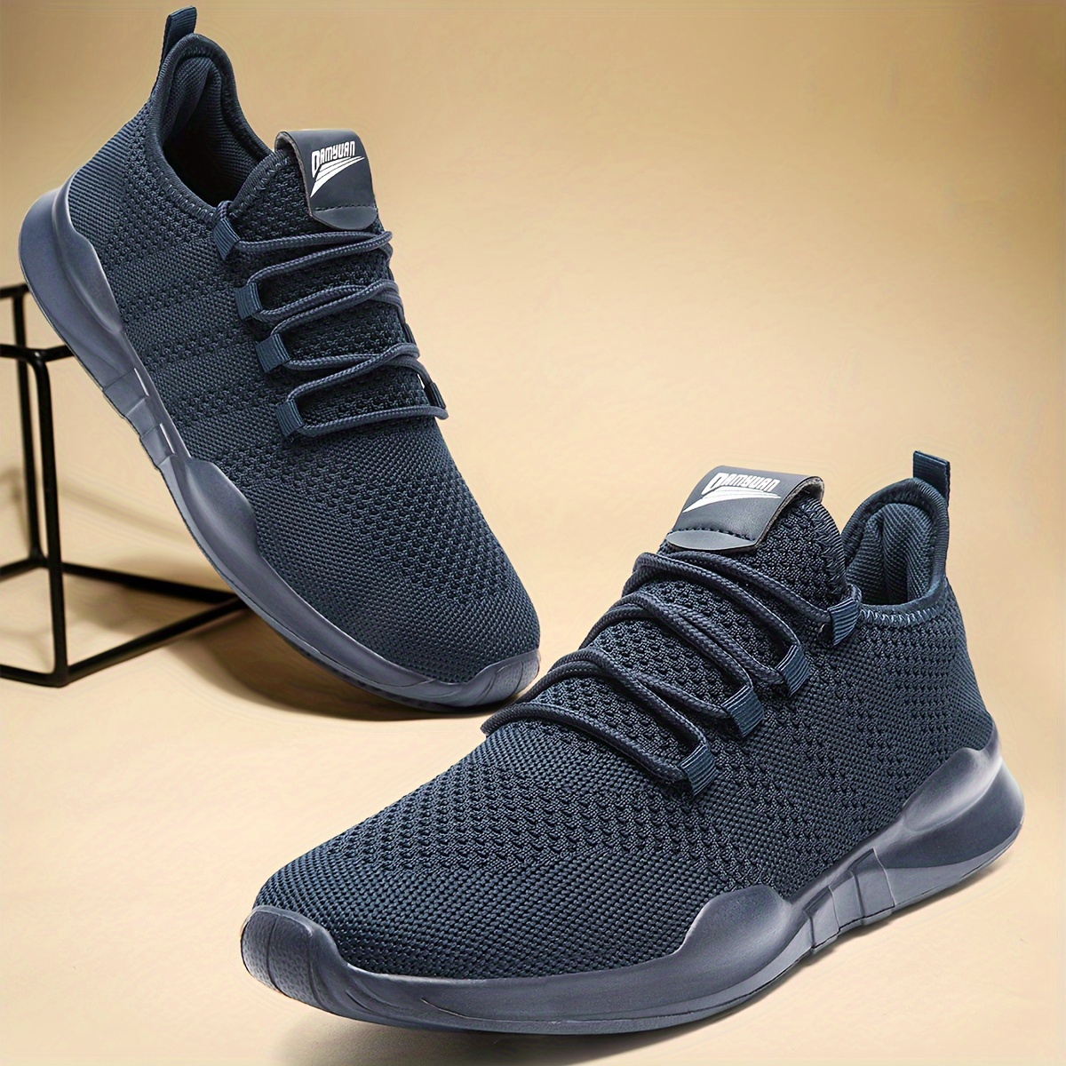 mens trendy lace up knit fabric breathable running shoes comfy soft sole shock absorption sneakers details 2