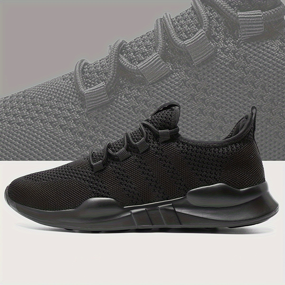 mens trendy lace up knit fabric breathable running shoes comfy soft sole shock absorption sneakers details 3
