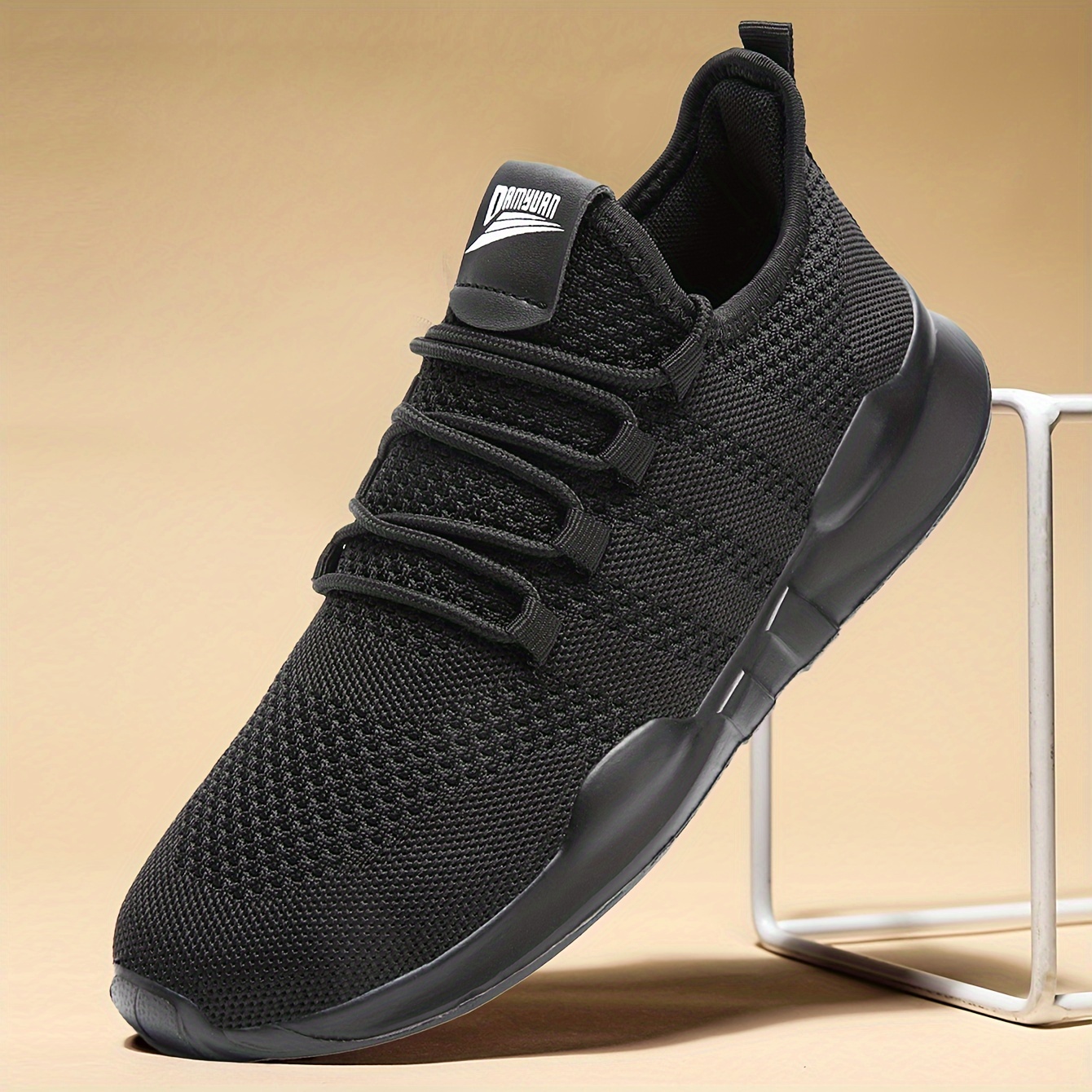 mens trendy lace up knit fabric breathable running shoes comfy soft sole shock absorption sneakers details 4