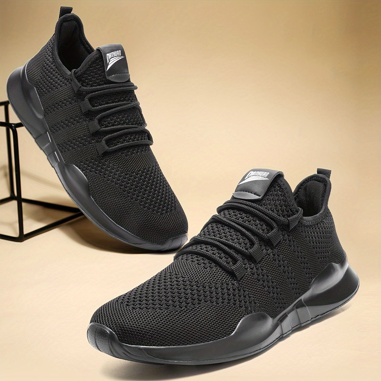 mens trendy lace up knit fabric breathable running shoes comfy soft sole shock absorption sneakers details 5