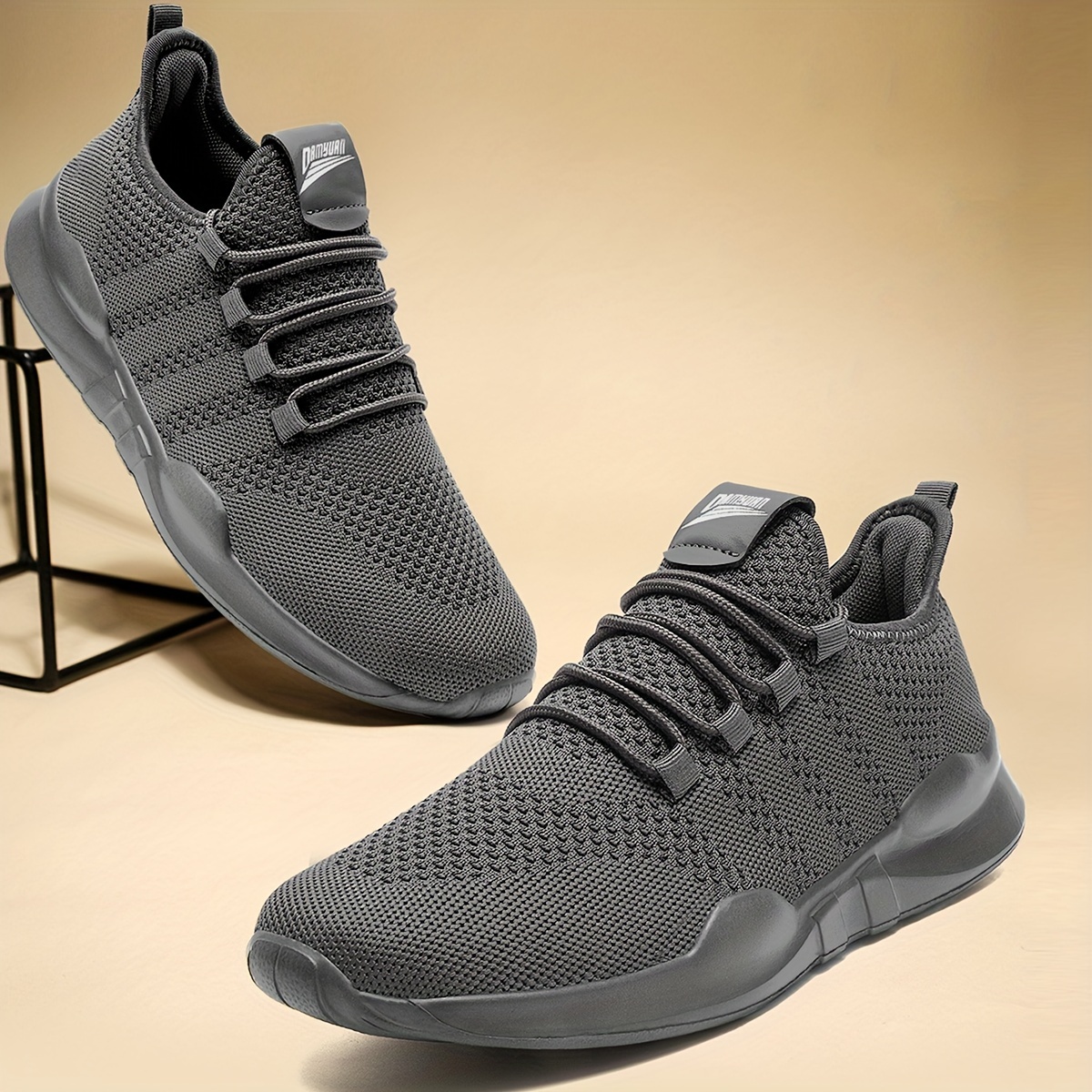 mens trendy lace up knit fabric breathable running shoes comfy soft sole shock absorption sneakers details 8
