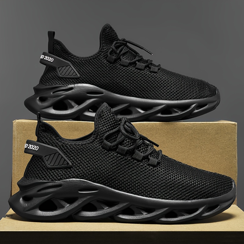 plus size mens trendy solid woven knit breathable blade type sneakers comfy non slip soft sole shoes for mens outdoor activities details 0