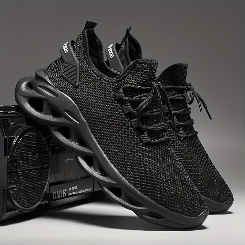 plus size mens trendy solid woven knit breathable blade type sneakers comfy non slip soft sole shoes for mens outdoor activities details 3