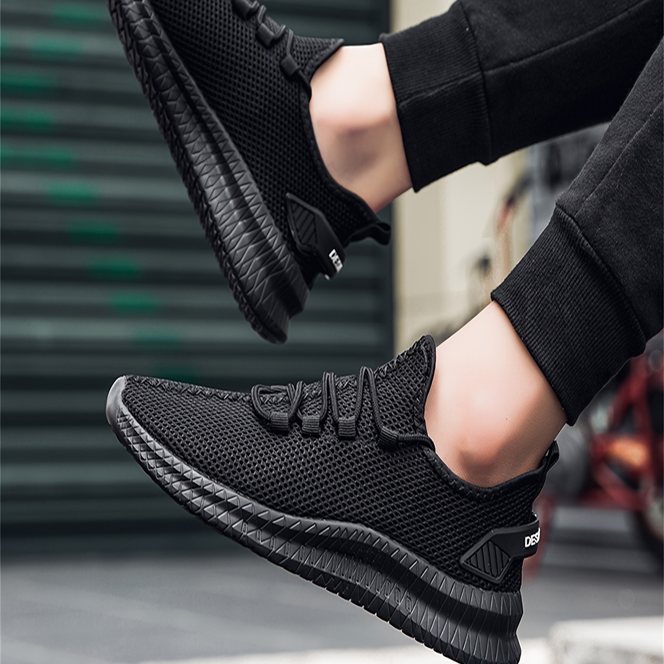 mens trendy woven knit breathable sneakers comfy non slip lace up shoes for mens outdoor activities details 0