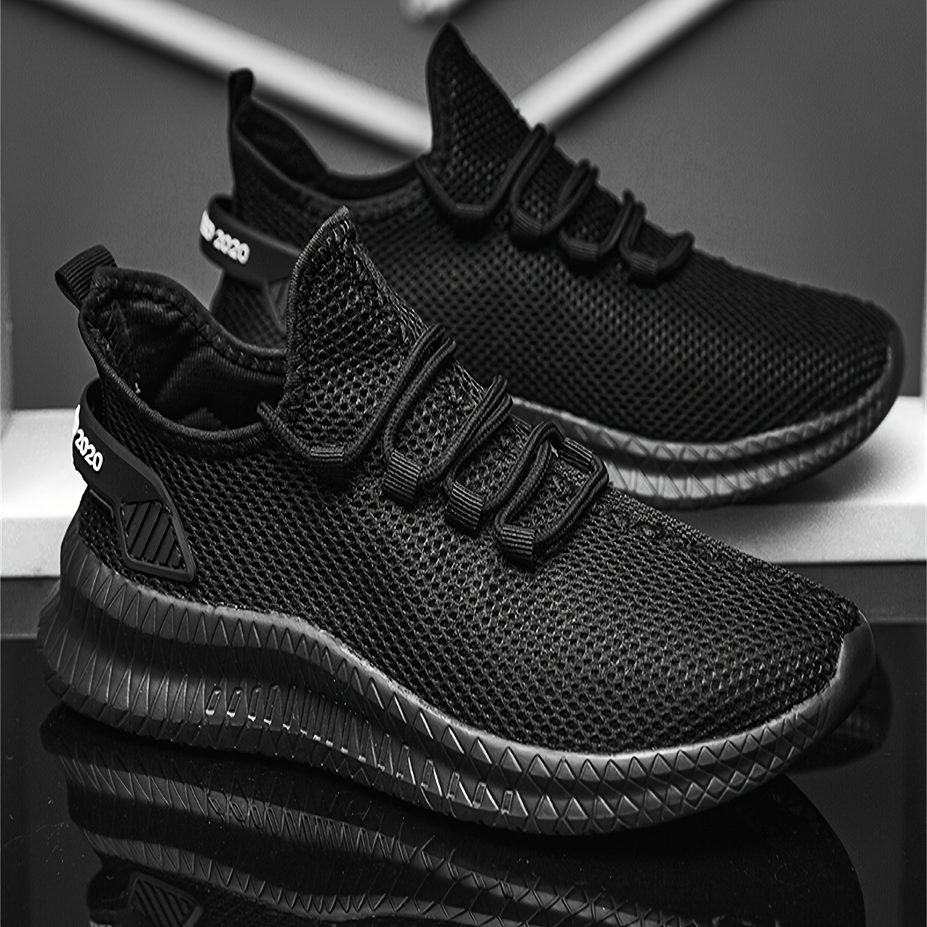 mens trendy woven knit breathable sneakers comfy non slip lace up shoes for mens outdoor activities details 1